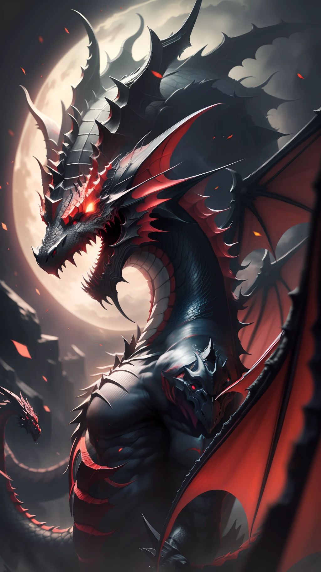 Devil dragon,dark night,dark background,high resolution, high quality,red