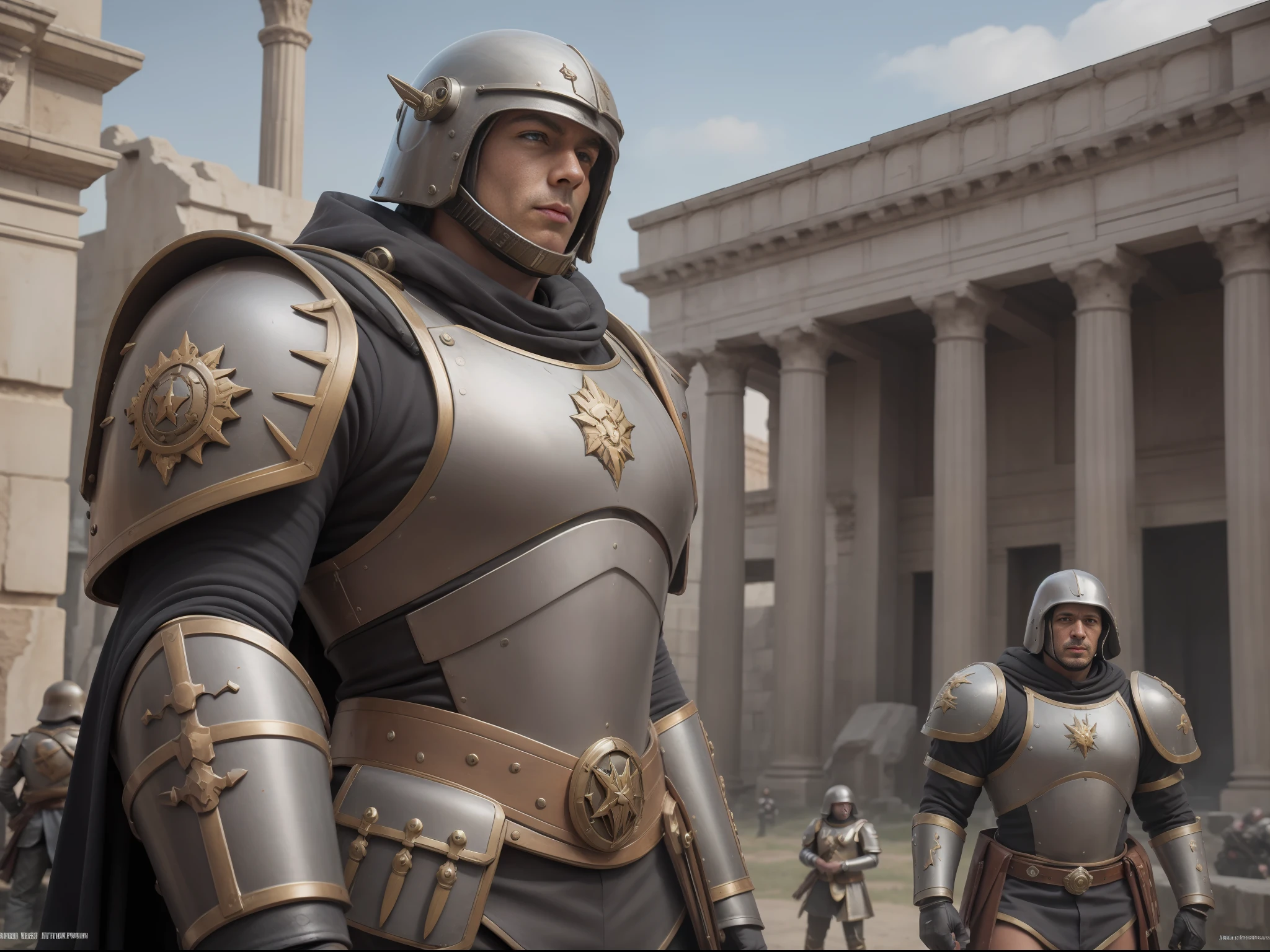 warhammer 40k style,Star Warrior,Sun Auxiliary Army,The background is Roman architecture,guns,Dark tone,Roman soldiers wearing powered exoskeleton armor,Photorealistic photos,Nikon D850 shot