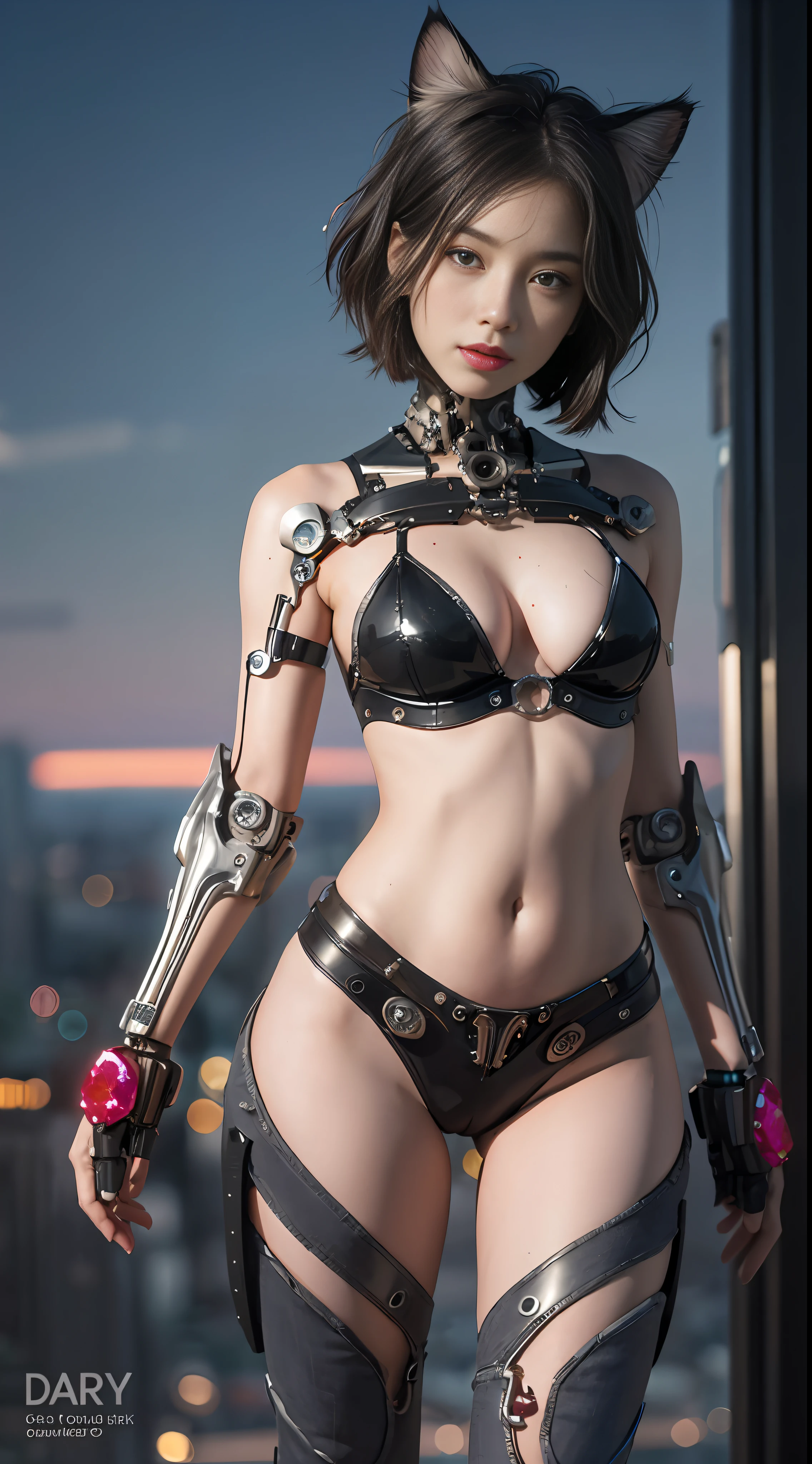 A realistic cinematic shallow focus scene of a cute young biomechanical cyborg kitten female, her full body standing with a fluid movement in a simple barren place with stunning cloudscape and a sunset.Gothloli details、

(wearing futuristic clothing (tangerine:0.3) cropped jacket and low cut jeans on top:1) of her (intricately detailed anatomical sculpted biomechanical graphite cyborg arms, intricately detailed anatomical sculpted biomechanical graphite cyborg torso, intricately detailed anatomical sculpted biomechanical graphite cyborg legs), (intricately detailed anatomical sculpted biomechanical graphite cyborg kitten ears).

(Anatomically sculpted biomechanical graphite cyborg、Embroidered with elegant and ornate details (ruby gems:1.5), cables, wires and crimson microchips masterful crafted into her female cyborg body)

Slender hot fit body with a gorgeous young round face, expressive big round eyes, lovely full lips, cute small round nose, ([Dark:Red:0.55] short medium bob cut messy hair:1.7), (Kitten ears), (empty hands).

Captured with bright natural light and beautiful vibrant colors. 8k resolution image with a masterful cyberpunk style.

The scene has a strong heroic unconquerable mood, a masterful complete scene of the female full body standing with a happy expression.