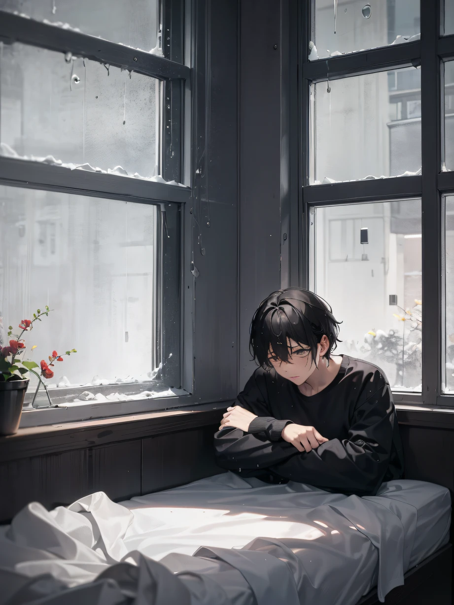 ，巨作, Best quality，8K, superhighresolution，The heroine sits alone in a dimly lit room，Raindrops outside the window ran down the glass，Falls on her cheek。Her tears mixed with rain，blurred her eyes。There was silence and sadness in the room，It reflects the loneliness and exhaustion of her soul。