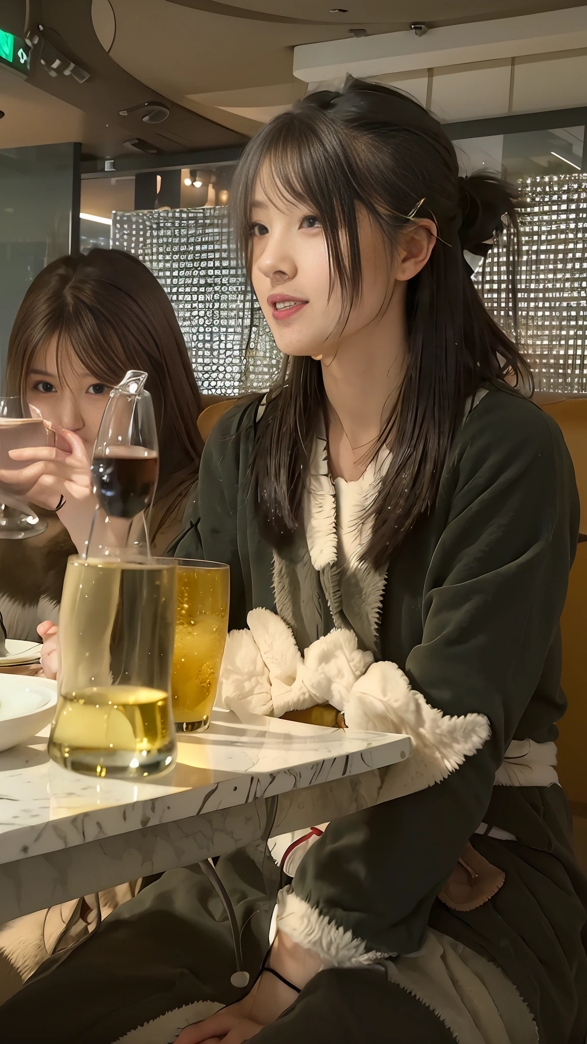There were two women sitting at a table，With a glass of wine, japanese maid cafe, candid shot, of a youthful japanese girl, candid photo of，Excellent