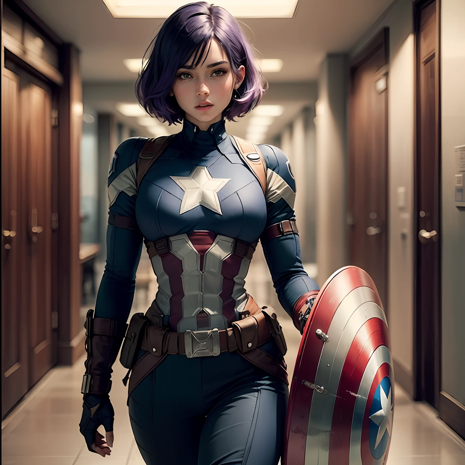 captain america，bob-cut hair，Purple colored hair，full bodyesbian， --auto