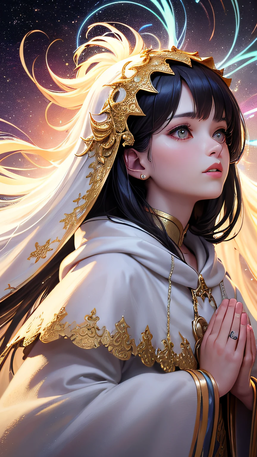(masterpiece, top quality, best quality, official art, beautiful and aesthetic:1.2), (1girl), extreme detailed, (fractal art:1.3), colorful, highest detailed, perfect face, upper body, HDR, (praying:1.3), (white cloak golden lines:1.2), galaxy, (light streaks), striking visuals, (dynamic streaks, luminous trails:1.2), vibrant colors,