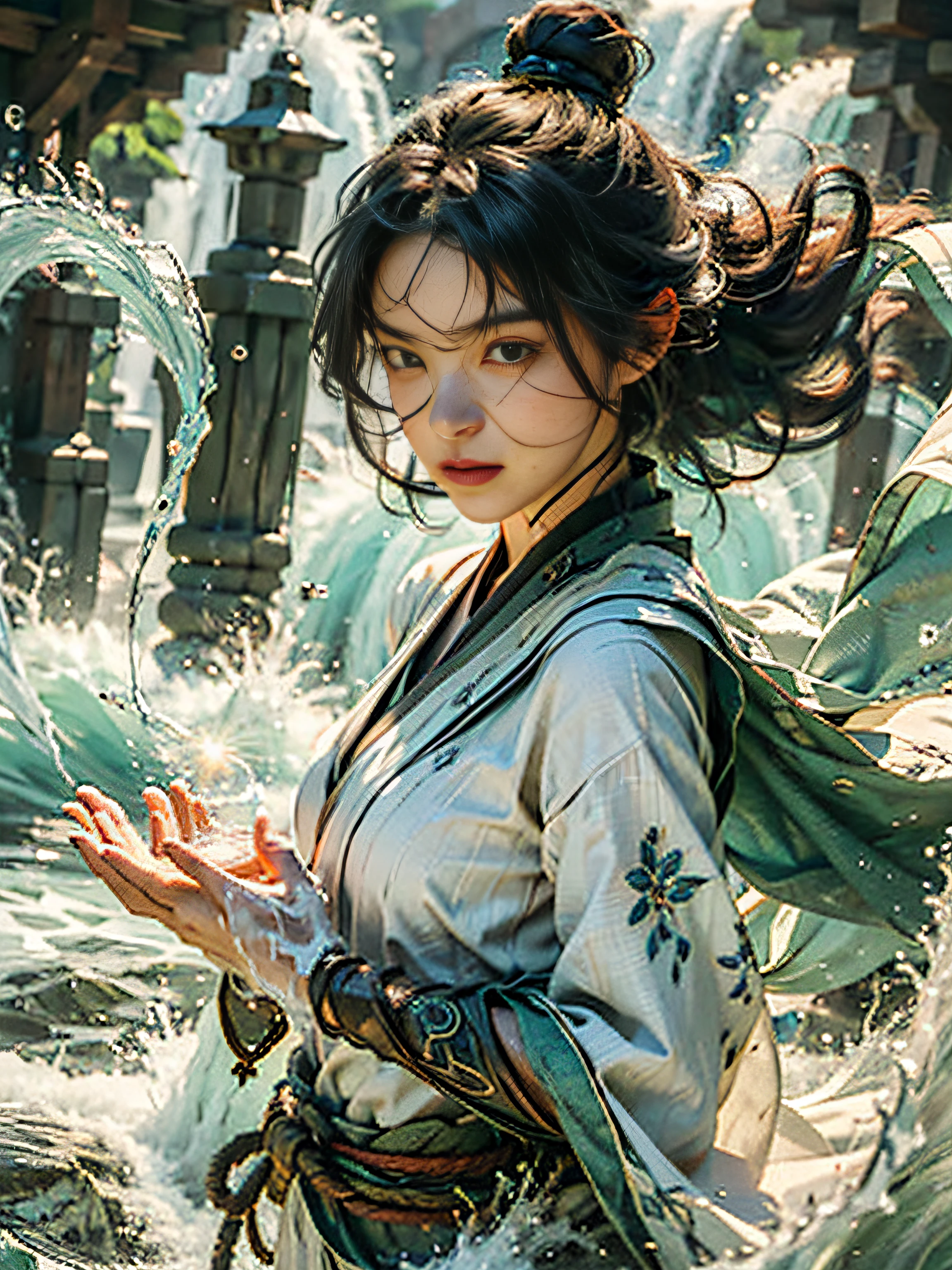 Blockbuster movies,Cinema lenses,Detailed details,Detailed facial expressions,Detailed hands((best qualtiy)), ((tmasterpiece)), (A detailed), (Realistis), (offcial art), (Very detailed CG unity 8K wallpaper), (Water magic:1.2), (Mobile firepower:1.1), (element control:1.2), (graceful movements:1.1), (Aquatic beauty:1.2), (Mysterious powers:1.2), (Serene expression:1.1), (Flowing tides:1.2), (Sparkling water droplets:1.2), (magic aura:1.1), (magic incantation:1.2), (Ripple waves:1.2), (Brilliant flame formation:1.1), (Emerges from a whirlpool of water:1.2), (Resonate with nature:1.2),(commanding the elements:1.2),(translucent veils:1.1),(Wisdom and strength:1.2),(swirls of magic:1.2),(Glowing zigzag:1.1),(Harmony with the sea:1.2),(Mysterious origins:1.2),(harmonious balance:1.1),(The power of tranquility:1.2),(A fascinating spectacle:1.2),(Immerse yourself in liquid magic:1.1),(Embrace her destiny:1.2)真实感,超高分辨率