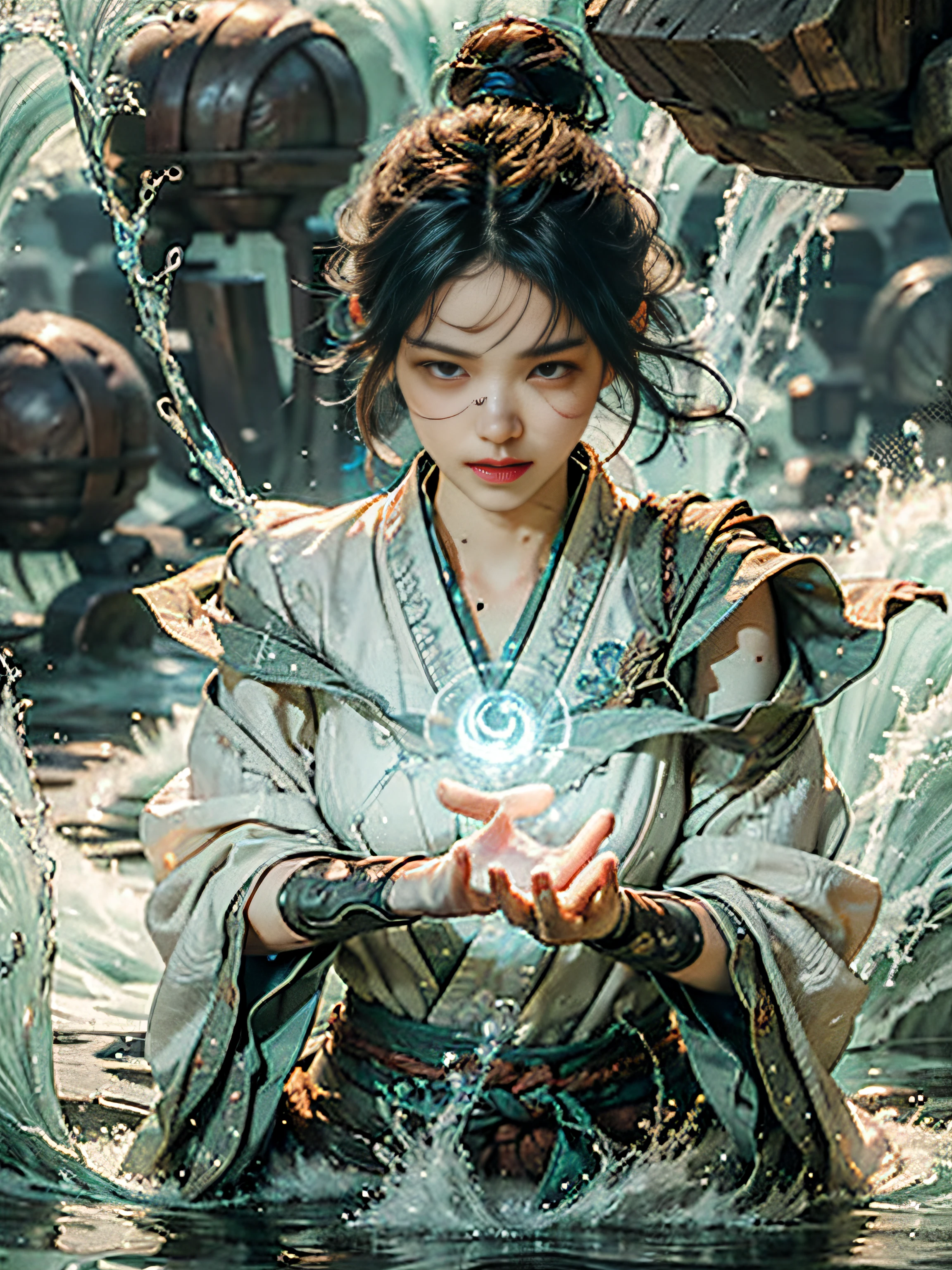 Blockbuster movies,Cinema lenses,Detailed details,Detailed facial expressions,Detailed hands((best qualtiy)), ((tmasterpiece)), (A detailed), (Realistis), (offcial art), (Very detailed CG unity 8K wallpaper), (Water magic:1.2), (Mobile firepower:1.1), (element control:1.2), (graceful movements:1.1), (Aquatic beauty:1.2), (Mysterious powers:1.2), (Serene expression:1.1), (Flowing tides:1.2), (Sparkling water droplets:1.2), (magic aura:1.1), (magic incantation:1.2), (Ripple waves:1.2), (Brilliant flame formation:1.1), (Emerges from a whirlpool of water:1.2), (Resonate with nature:1.2),(commanding the elements:1.2),(translucent veils:1.1),(Wisdom and strength:1.2),(swirls of magic:1.2),(Glowing zigzag:1.1),(Harmony with the sea:1.2),(Mysterious origins:1.2),(harmonious balance:1.1),(The power of tranquility:1.2),(A fascinating spectacle:1.2),(Immerse yourself in liquid magic:1.1),(Embrace her destiny:1.2)真实感,超高分辨率