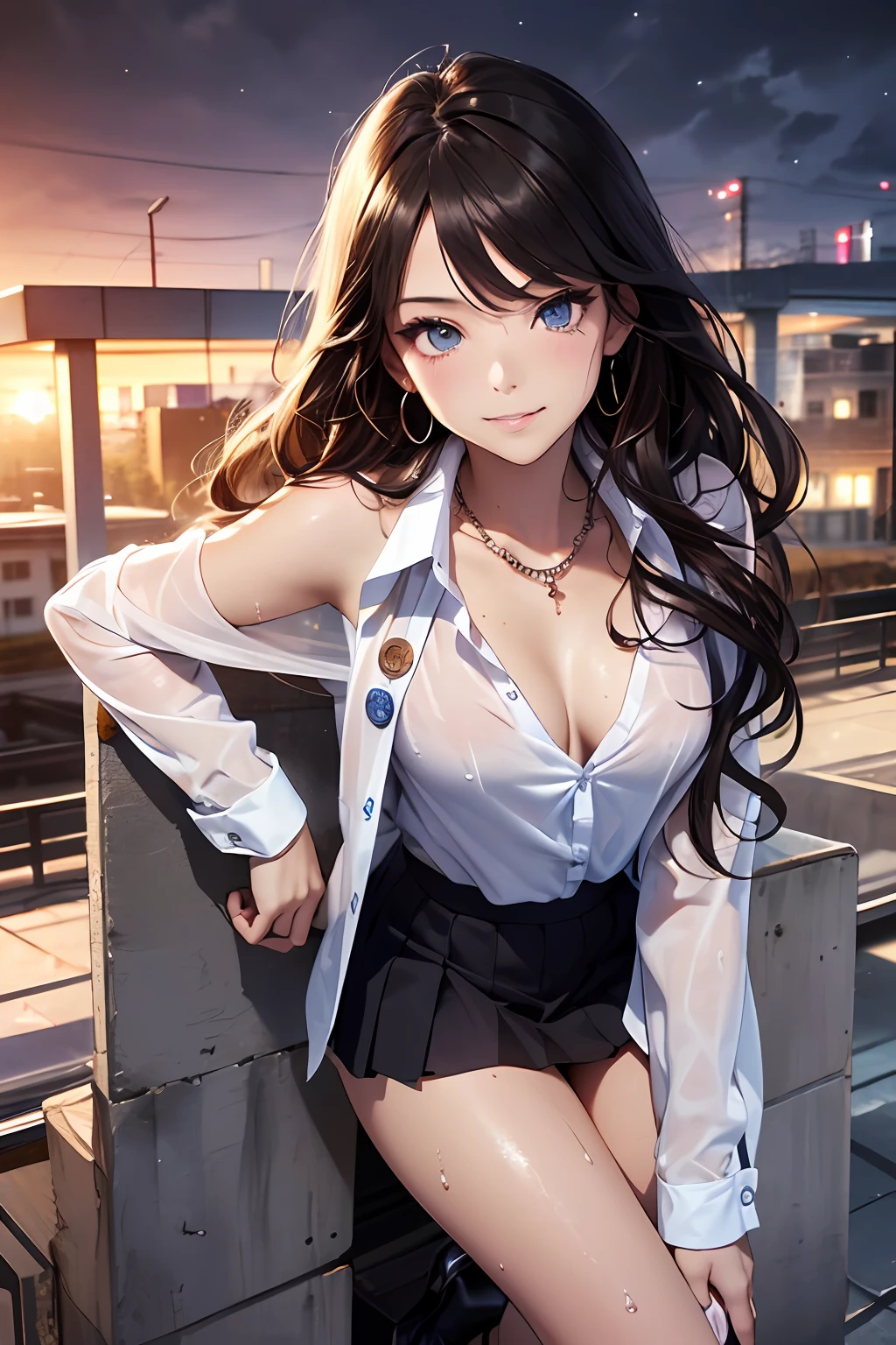 (masutepiece: 1.3), (max resolution: 1.2), (Ultra HDTV: 1.2), cinema lite, Ultra HDTV, (Detailed eyes and skin), (detailed facial features), ultgp, 8K resolution, Sharp Focus: 1.2, Perfect Style, Beautiful Face, accurate, Anatomically correct, Highly detailed face and skin texture, Detailed eyes, Dark-blue eyes, Double eyelids, Thin eyebrows, dropping eyes, (Glitter Eyeliner:1.2), Natural cheeks, Glossy skin, (Fair skin:1.2), shiny necklace and earrings, (Glossy lips: 1.4), break, absurderes, One-person viewpoint, (she is high school Student), (Wear a Button up sheer shirt:1.3), (off?shoulder blazer, Pleated mini skirt, high heels), (shy smile:1.2), (wet body), ((Innocent and very cute girl:1.3)), (Layered hairstyle, Wavy Hair), (Dark brown hair:1.2), Medium Long Hair, (Cowboy shot: 1.2), Focus on Face, medium large breasts, ((sexy pose on Instagram:1.2)), ((In the School Rooftop at rain of night)),