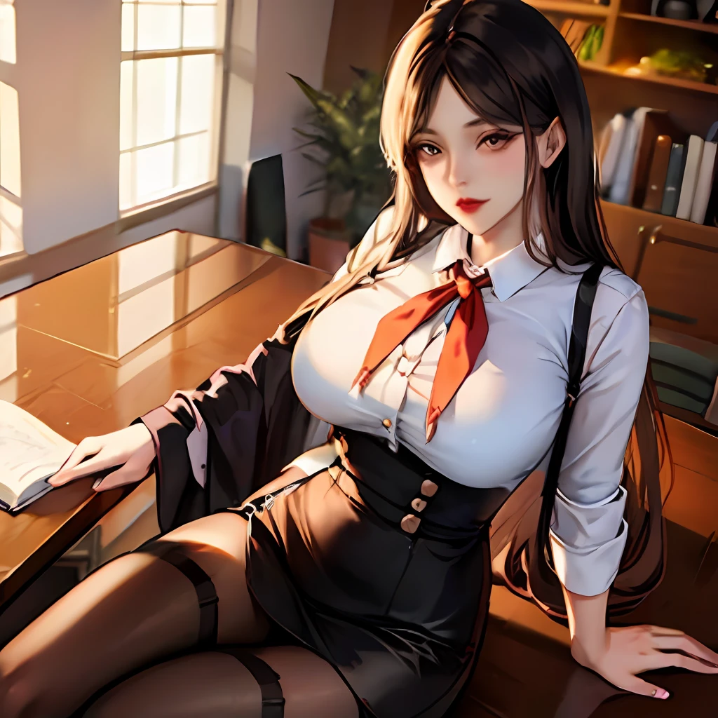 Woman long hair big breasted suspender stockings desk