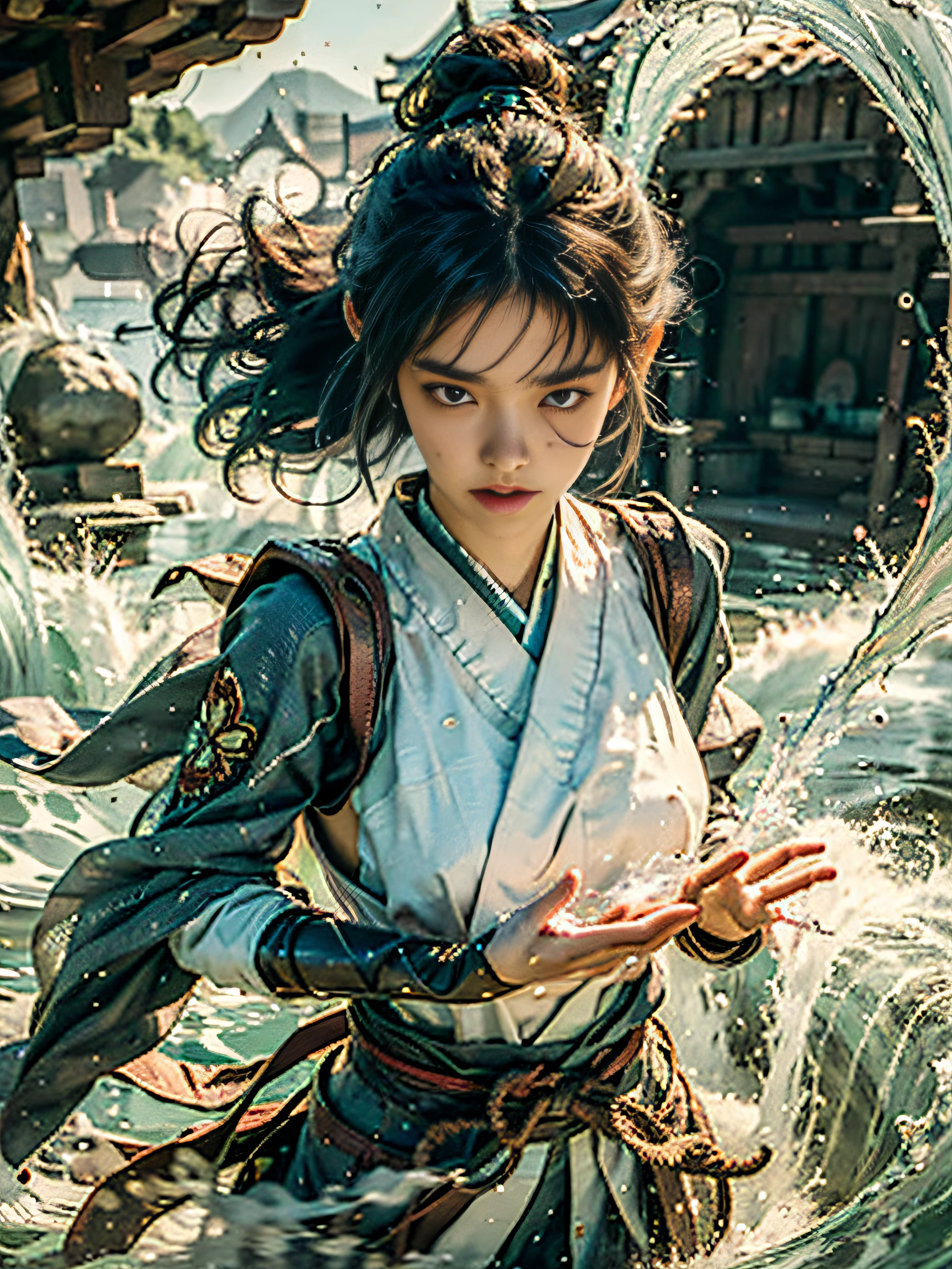 Blockbuster movies,Cinema lenses,Detailed details,Detailed facial expressions,Detailed hands,Perfect figure((best qualtiy)), ((tmasterpiece)), (A detailed), (Realistis), (offcial art), (Very detailed CG unity 8K wallpaper), (Water magic:1.2), (Mobile firepower:1.1), (element control:1.2), (graceful movements:1.1), (Aquatic beauty:1.2), (Mysterious powers:1.2), (Serene expression:1.1), (Flowing tides:1.2), (Sparkling water droplets:1.2), (magic aura:1.1), (magic incantation:1.2), (Ripple waves:1.2), (Brilliant flame formation:1.1), (Emerges from a whirlpool of water:1.2), (Resonate with nature:1.2),(commanding the elements:1.2),(translucent veils:1.1),(Wisdom and strength:1.2),(swirls of magic:1.2),(Glowing zigzag:1.1),(Harmony with the sea:1.2),(Mysterious origins:1.2),(harmonious balance:1.1),(The power of tranquility:1.2),(A fascinating spectacle:1.2),(Immerse yourself in liquid magic:1.1),(Embrace her destiny:1.2)真实感,超高分辨率