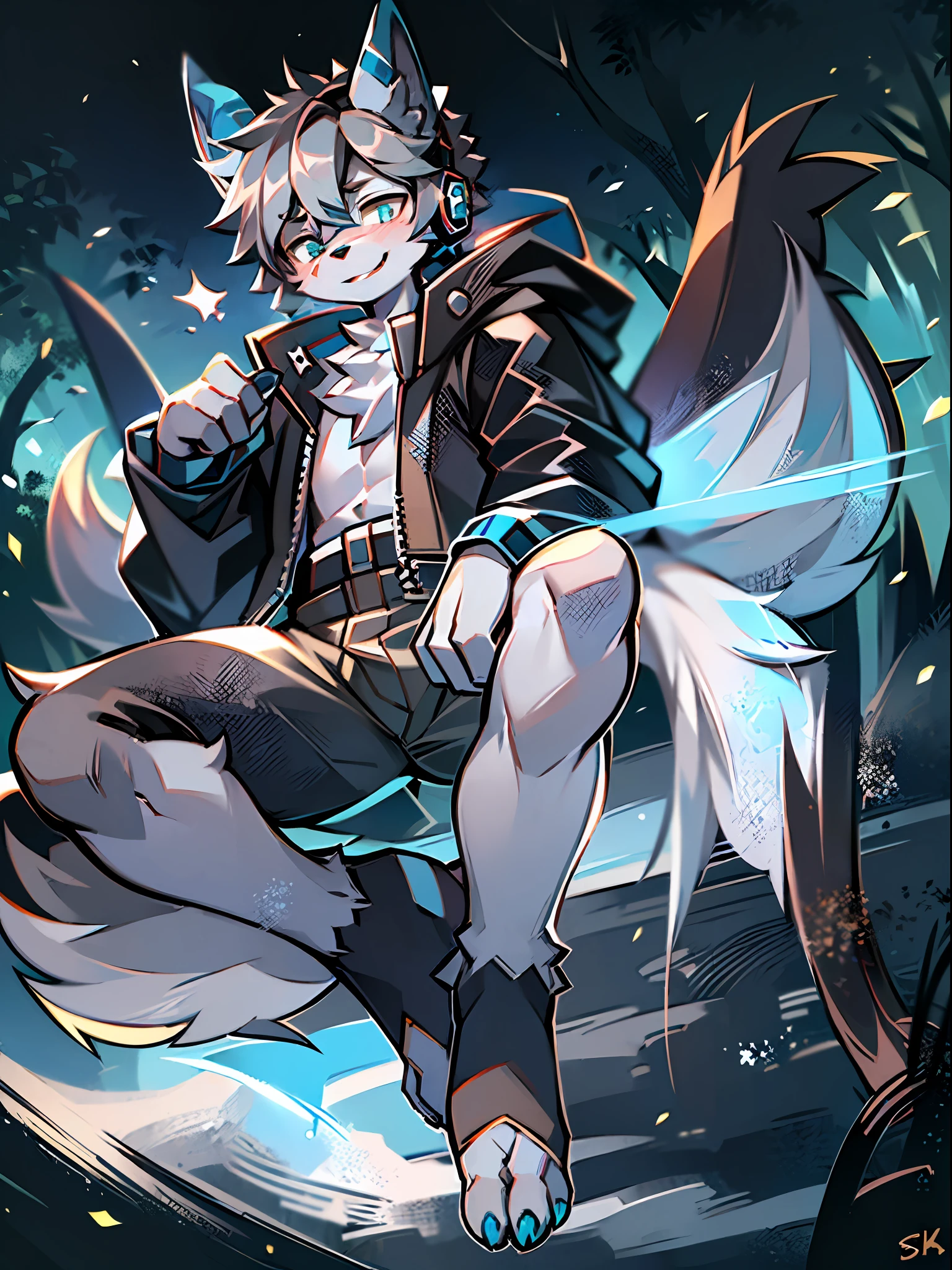 eyes with brightness, in a panoramic view,Character focus,Full body like,独奏,solo person, Correct human anatomy。male people,Furry male wolf(Dragon and wolf combined),eyes blue,Blue skin,A pair of dragon wings, Gray hair(The long),Wear white ear headphones,There is a pair on the forehead(Little big breasts柄)Blue horn fluorescence,In the forest,the night,starrysky,On a cliff,Take control of the magic,Ice floating all around,down jacket,grey shorts,Sports socks,Looking at the night sky,ssmile,eye closeds,Young style,height of one meter seven,Handsome, There is a wolf tail,k hd,8K,1440*2048