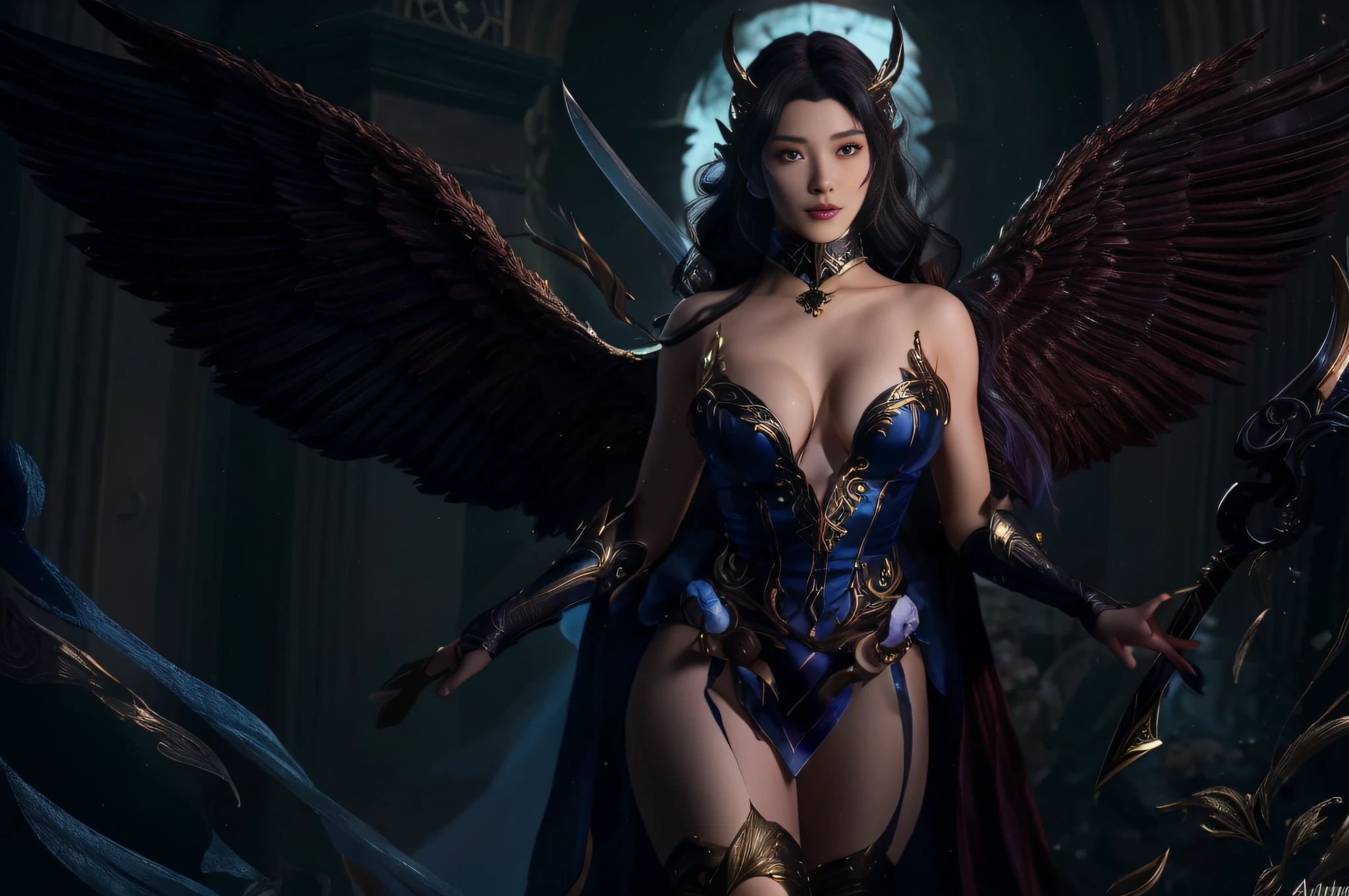 a close up of a woman in a blue dress with a sword, extremely detailed artgerm, irelia, ig model | artgerm, ! dream artgerm, ahri, style artgerm, inspired by Lan Ying, artgerm detailed, artgerm style, artgerm lau, seraphine ahri kda