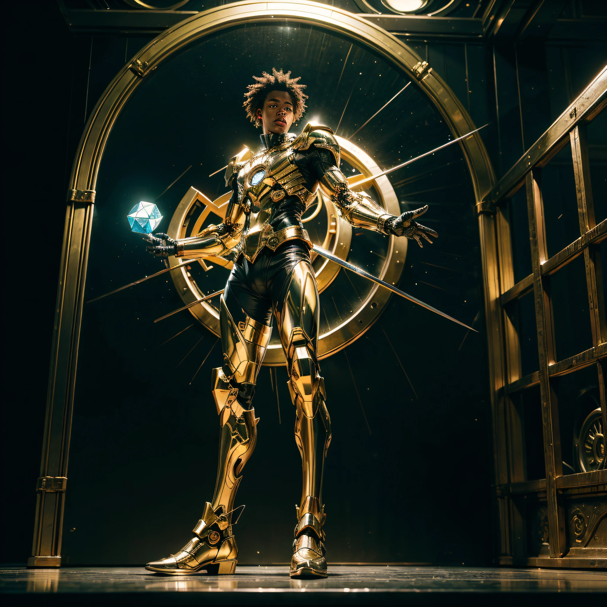 a man coming out of a Stargate like the one in Stargate SG1, Black man. dark skin, detailed skin, holding a mechanical cube with circles on the sides. the cube has some glowing lines. the cube is metallic, radiating energy. the man is commanding the cube, the man is a scientist, dynamic, Hyper realistic, Photography, Picture of the week, RAW, beautiful, (finely detailed skin), African skin, (masterpiece) (perfect proportion)(realistic photo)(best quality) (detailed) photographed on a Canon EOS R5, 50mm lens, F/2.8, HDR, (8k) (wallpaper) (cinematic lighting) (dramatic lighting) (sharp focus) (intricate) full body, nice shoes