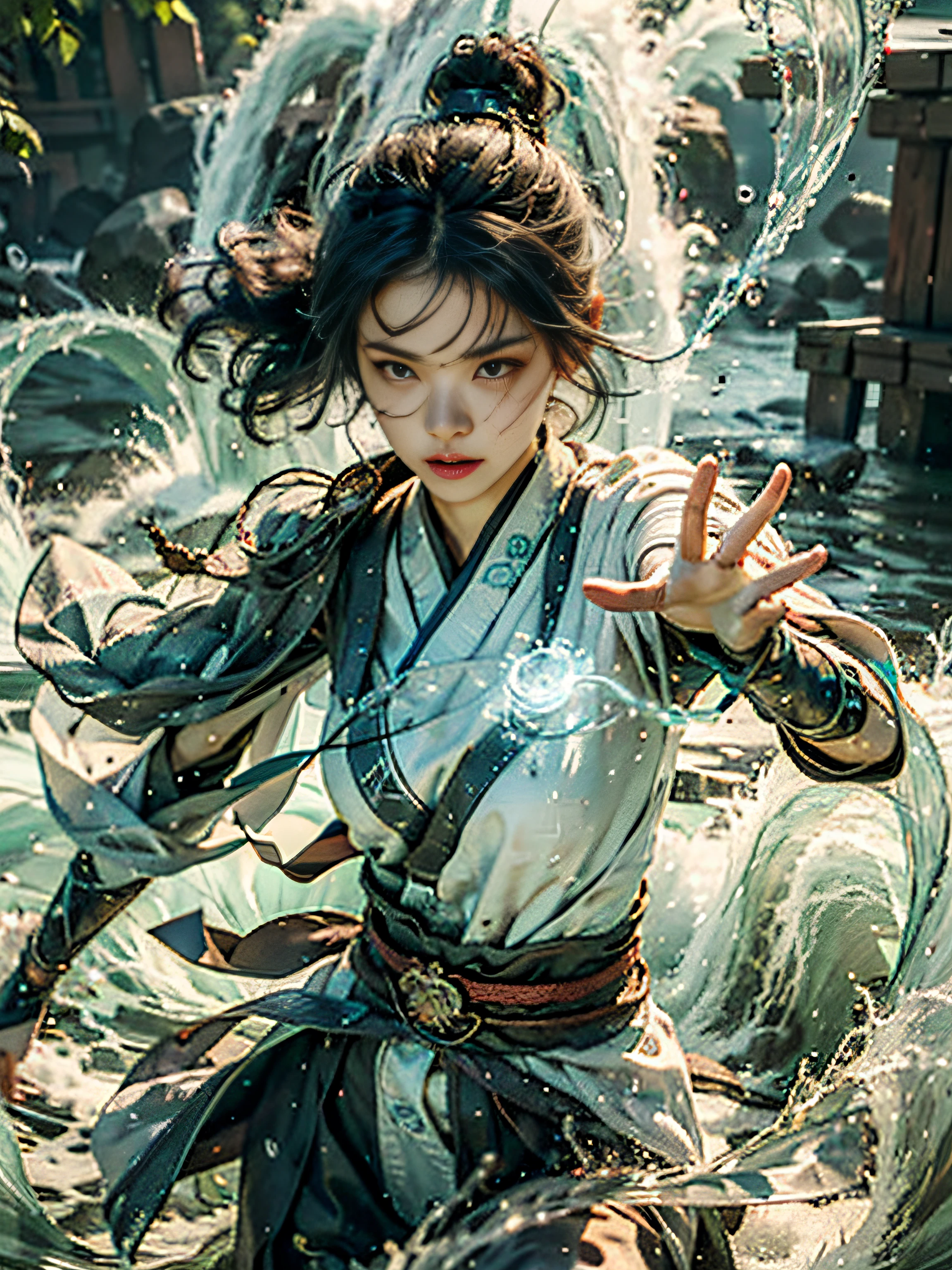 Blockbuster movies,Cinema lenses,Detailed details,Detailed facial expressions,Detailed hands,Perfect figure((best qualtiy)), ((tmasterpiece)), (A detailed), (Realistis), (offcial art), (Very detailed CG unity 8K wallpaper), (Water magic:1.2), (Mobile firepower:1.1), (element control:1.2), (graceful movements:1.1), (Aquatic beauty:1.2), (Mysterious powers:1.2), (Serene expression:1.1), (Flowing tides:1.2), (Sparkling water droplets:1.2), (magic aura:1.1), (magic incantation:1.2), (Ripple waves:1.2), (Brilliant flame formation:1.1), (Emerges from a whirlpool of water:1.2), (Resonate with nature:1.2),(commanding the elements:1.2),(translucent veils:1.1),(Wisdom and strength:1.2),(swirls of magic:1.2),(Glowing zigzag:1.1),(Harmony with the sea:1.2),(Mysterious origins:1.2),(harmonious balance:1.1),(The power of tranquility:1.2),(A fascinating spectacle:1.2),(Immerse yourself in liquid magic:1.1),(Embrace her destiny:1.2)真实感,超高分辨率