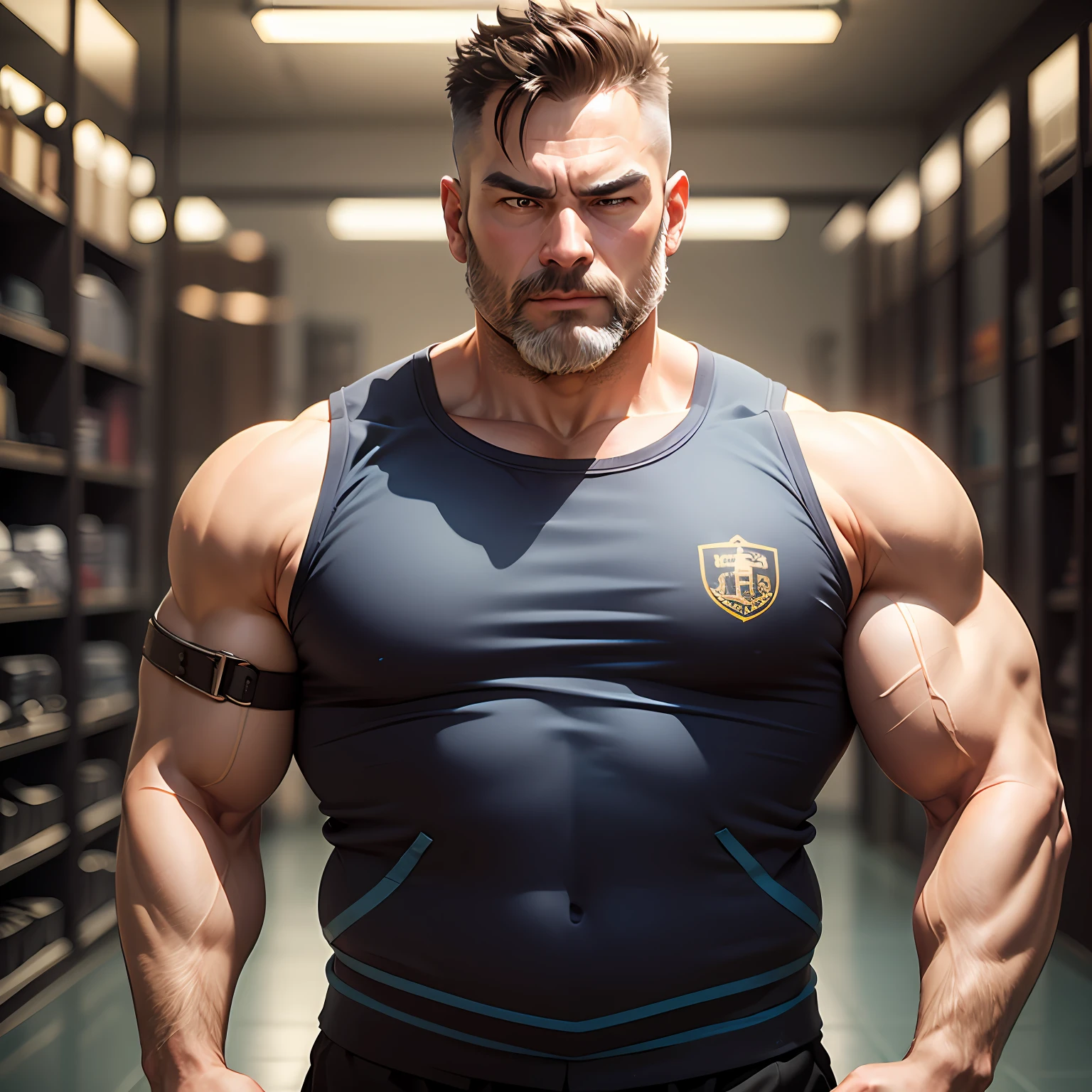 Strong and sturdy middle-aged male，Grow a delicate beard，The upper body is strong and powerful，Strong pectoral muscles，The arms are thick and stout，Wear a stylish shoulder vest。 --auto