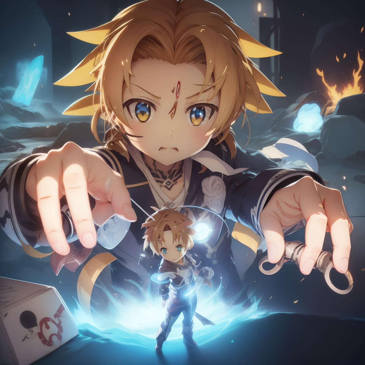 (((Rudeus))),((Obra-prima do anime))), Concentrando Magia verde azul, vortex, particuls, (sentado), 1 garoto, ambiente de fantasia, (((rindo))), Chibi, master part, a melhor qualidade, ((((((((((estatueta de caixa cega))))))))))),Unboxing, alto detalhamento, hiper-realista, reluzente, real