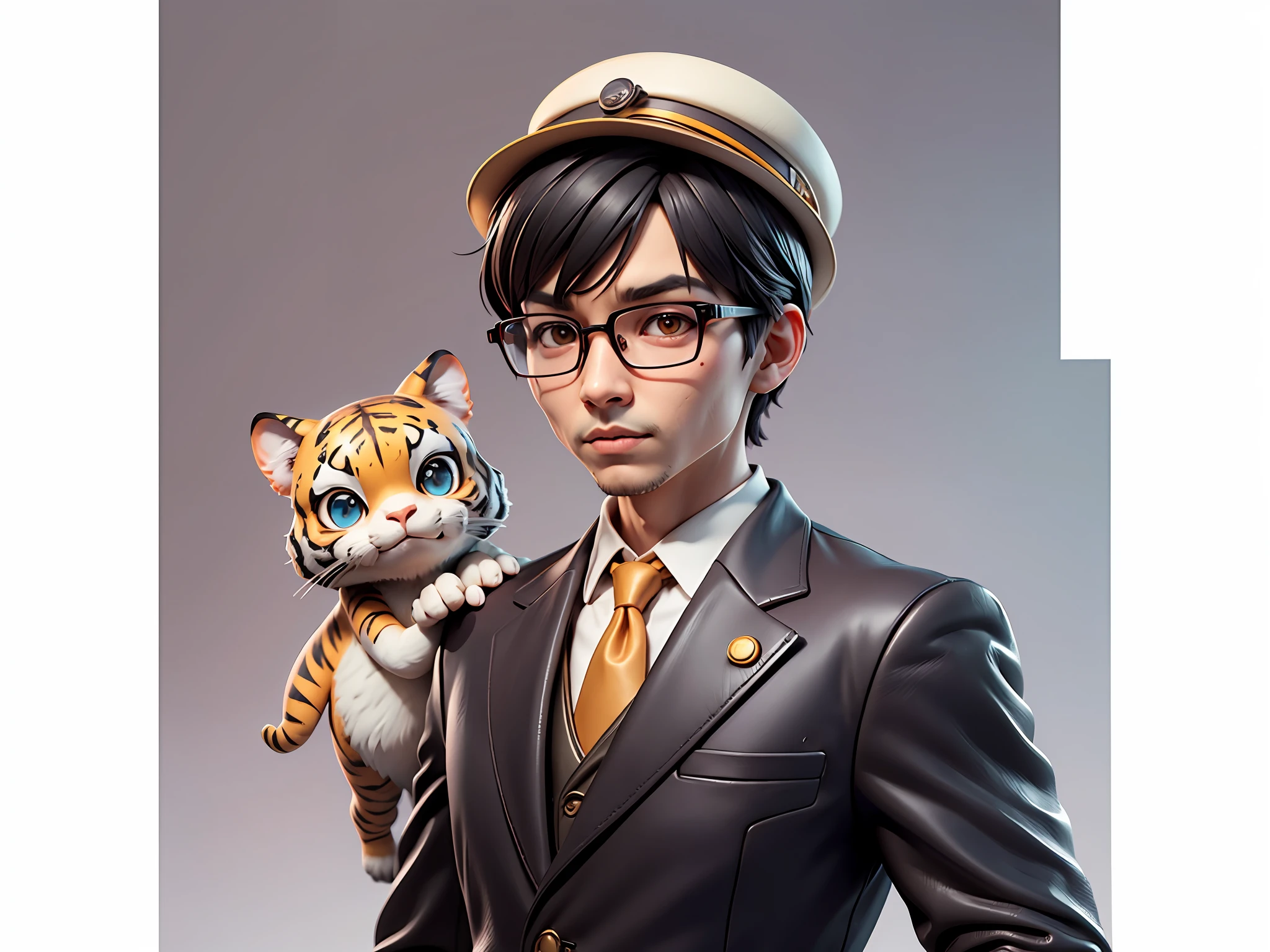 Young man with oriental face in leather hat, tiger, oriental face in formal suit, short black hair, silver glasses, digital painting, 3D character design by Mark Clairedon and Pixar and Hayao Miyazaki and Akira Toriyama, the illustration is a high-definition illustration in 4K resolution with very detailed facial features and cartoon-style visuals.
