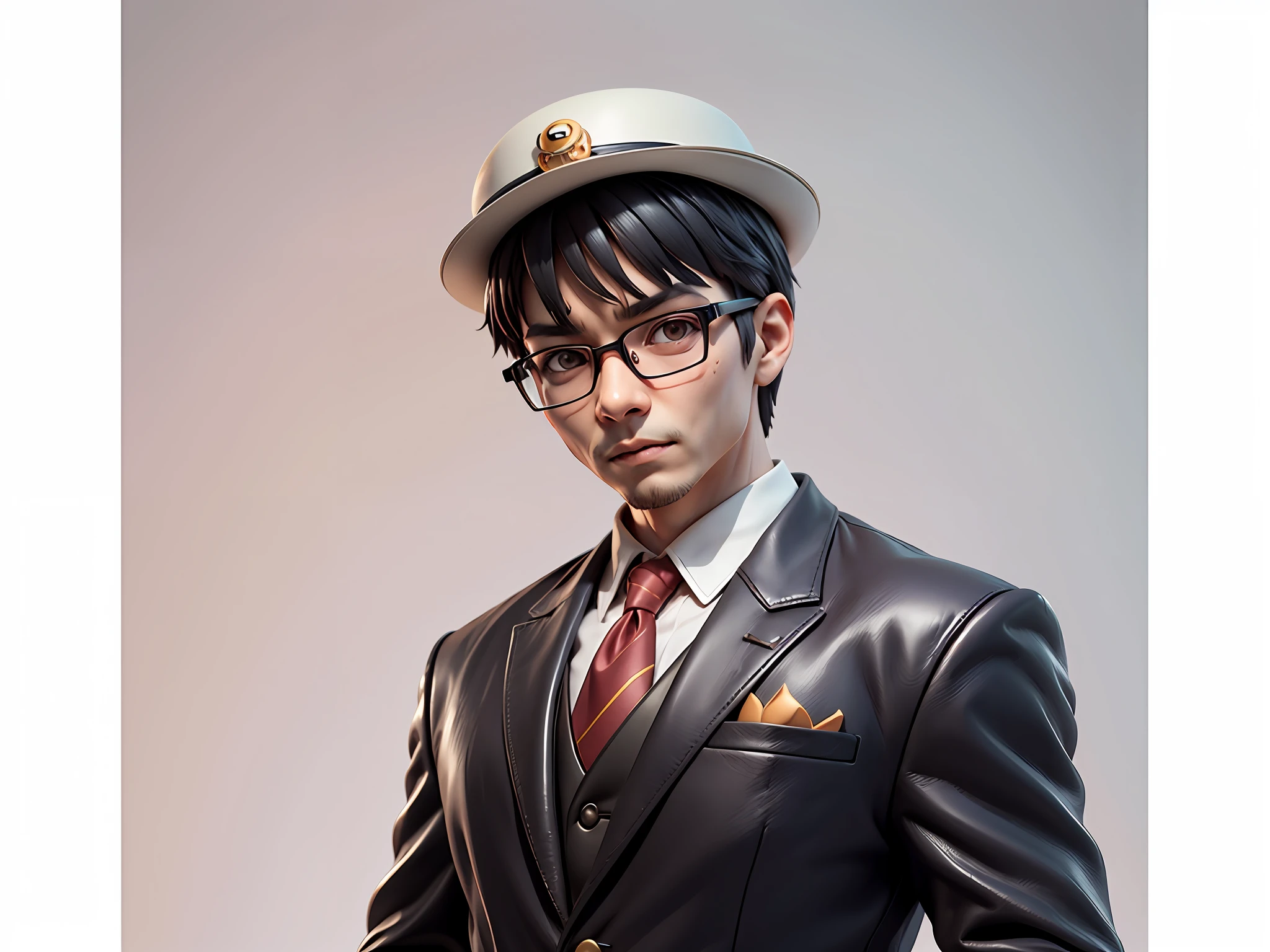 Young man with oriental face in leather hat, tiger, oriental face in formal suit, short black hair, silver glasses, digital painting, 3D character design by Mark Clairedon and Pixar and Hayao Miyazaki and Akira Toriyama, the illustration is a high-definition illustration in 4K resolution with very detailed facial features and cartoon-style visuals.