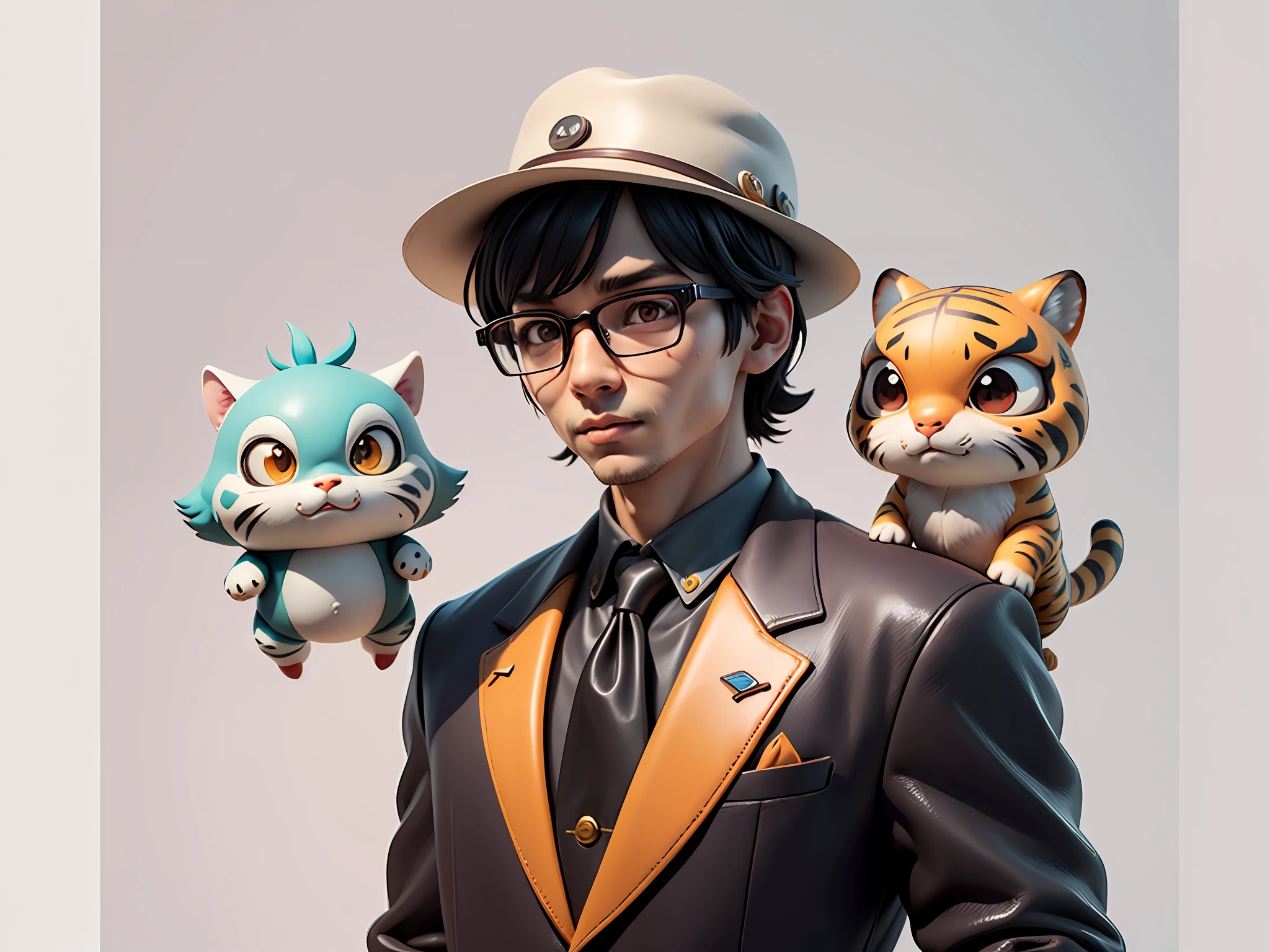Young man with oriental face in leather hat, tiger, oriental face in formal suit, short black hair, silver glasses, digital painting, 3D character design by Mark Clairedon and Pixar and Hayao Miyazaki and Akira Toriyama, the illustration is a high-definition illustration in 4K resolution with very detailed facial features and cartoon-style visuals.
