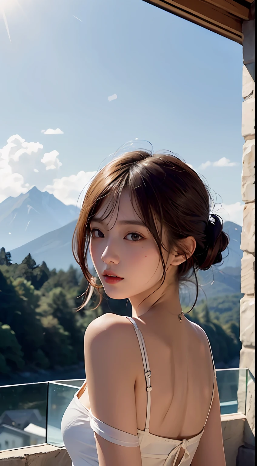 best qualtiy，tmasterpiece，超高分辨率，（真实感：1.4），RAW photogr，1girl，deep shading，low tune，cold light，Beautiful scenery in the background，cropped shoulders