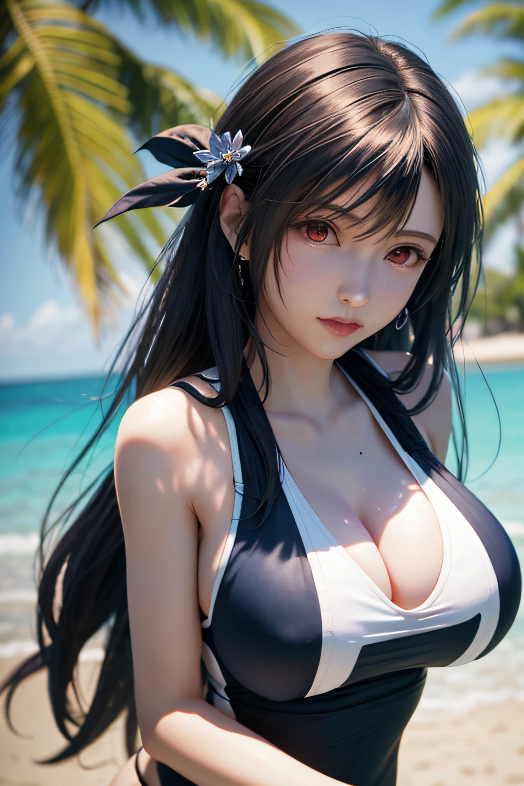 1 rapariga, (18 year old girl), (The upper part of the body),sandbeach,Pool,Coconut Tree (gigantic cleavage breasts:1.3), The upper part of the body, (realisticlying:1.7), ((best qualtiy)), absurderes, (超高分辨率), (realisticlying:1.6), realisticlying, rendering by octane, (hyper realisitc:1.2), (photo-realistic face:1.2), (8k), (4k), (tmasterpiece), (realistic skin textures), (illustratio, cinmatic lighting,the wallpaper), (red eyes), (beautidful eyes:1.2), (((s the perfect face)))), (standing on your feet), (looking at viewert:1.2), (ssmile:1.3), (adolable), (long whitr hair), (One-piece competition swimsuit),(((The color of the one-piece competition swimsuit is navy blue))),(Behind the arm:1.4),(Redlip:1.1),exteriors,