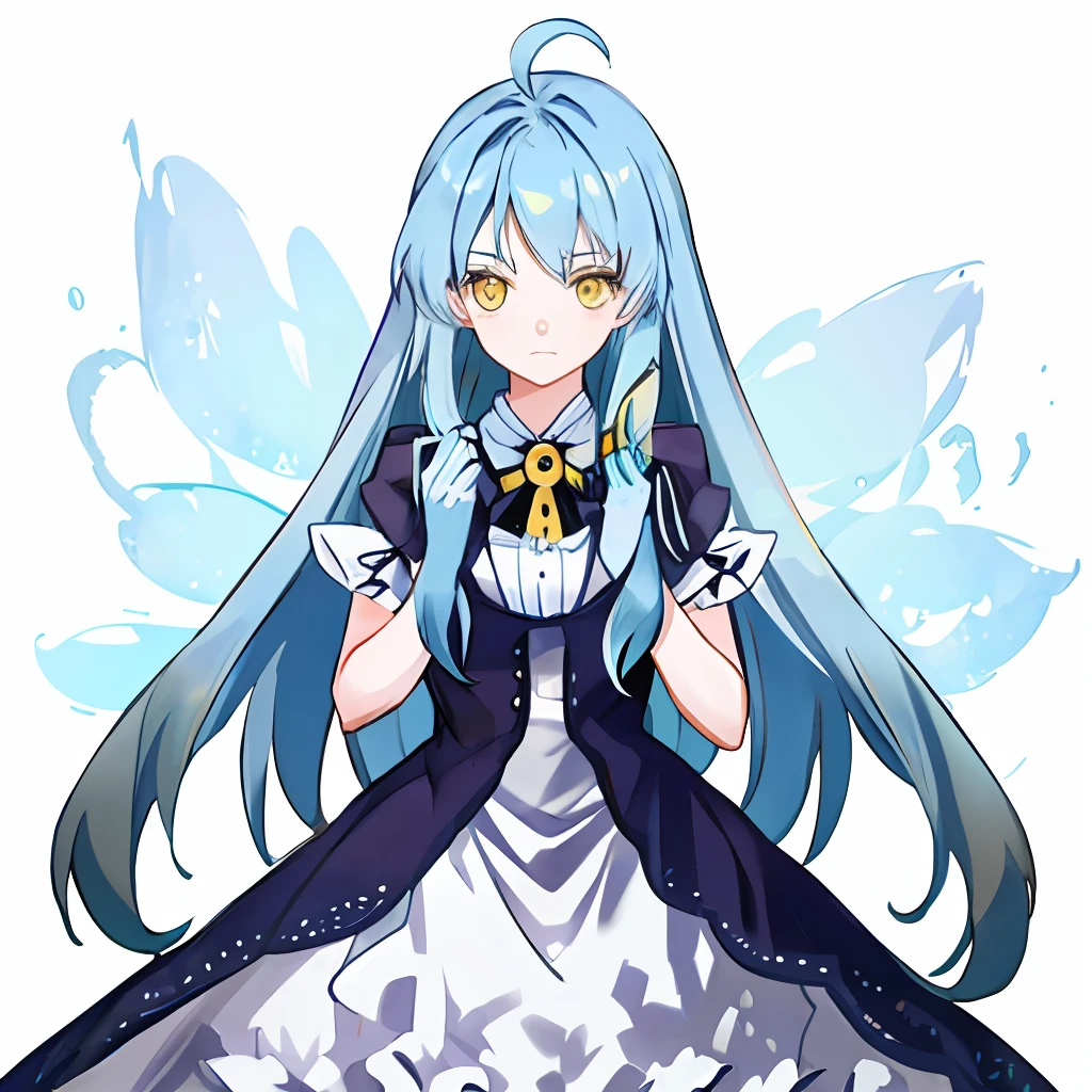 Blue hair, yellow eyes, long hair, girly two-dimensional