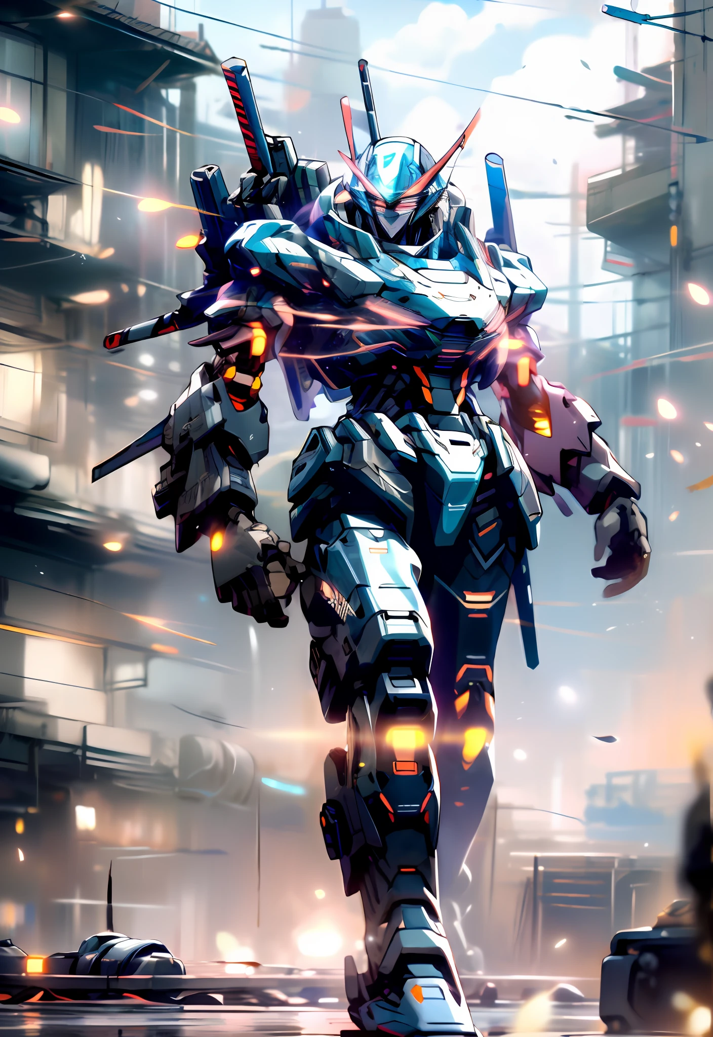 sky, cloud, holding_weapon, no_humans, glowing, , robot, building, glowing_eyes, mecha, science_fiction, city, realistic,mecha