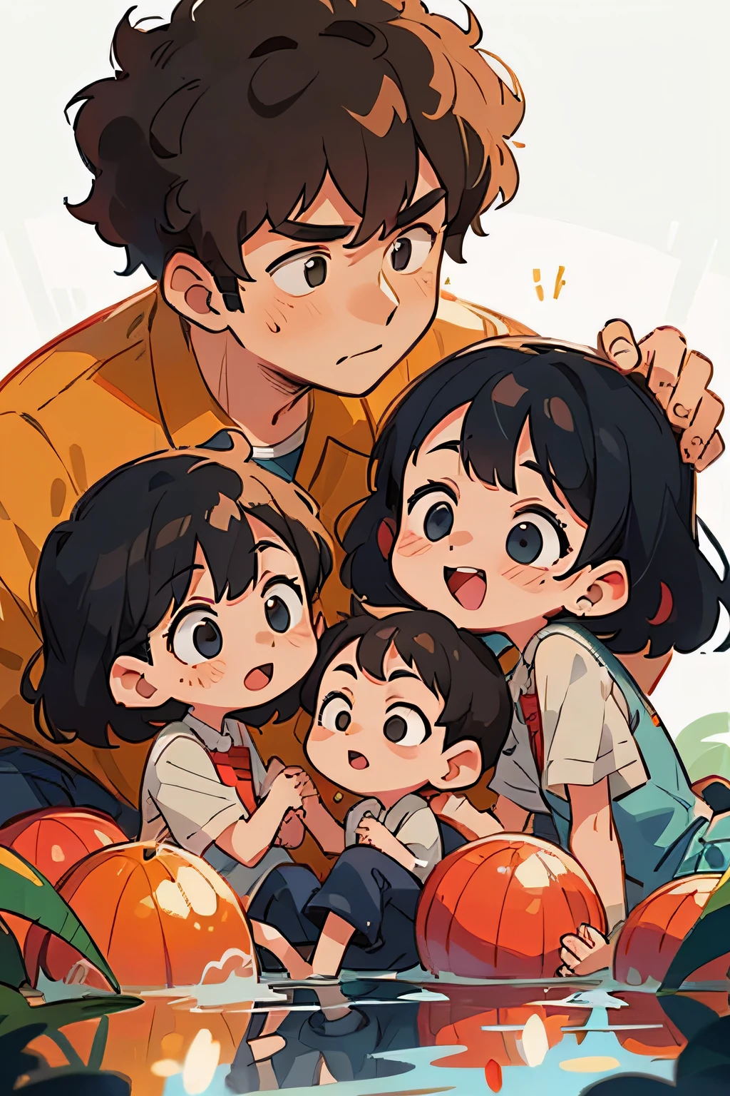 ((Family of 5)),A boy,Mature Steady, strong father and mother,Eldest sister and second sister,Full of life, Curly black hair, Nice and lovely,finely detailed facial features,Summer,cheerfulness,The background is interspersed with small rivers,Perfect quality,Clear focus,extremely colorful,Perfect face,Complicated details,ultra-low perspective,wide wide shot