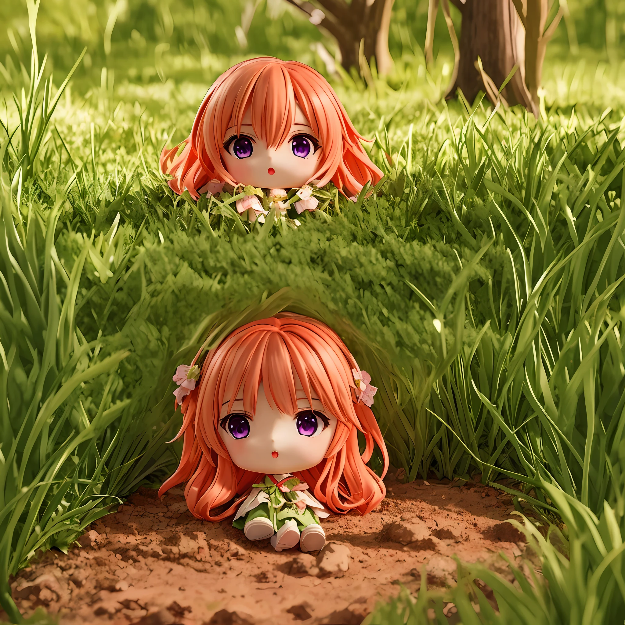 Masterpiece, best quality, (tiny takanashi kiara, chibi:1.2), hololive, purple eyes, long hair, orange hair, gradient hair, green hair, tiny human, miniature, minimized, :O, sitting, on ground, dirt path, in a medieval street, grass, trees, flowers, sunlight, detailed background, atmospheric lighting, warm lighting