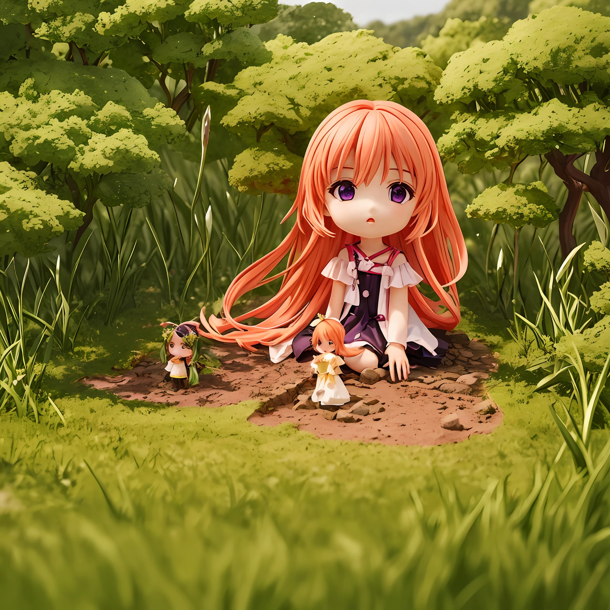 Masterpiece, best quality, (tiny takanashi kiara, chibi:1.2), hololive, purple eyes, long hair, orange hair, gradient hair, green hair, tiny human, miniature, minimized, :O, sitting, on ground, dirt path, in a medieval street, grass, trees, flowers, sunlight, detailed background, atmospheric lighting, warm lighting