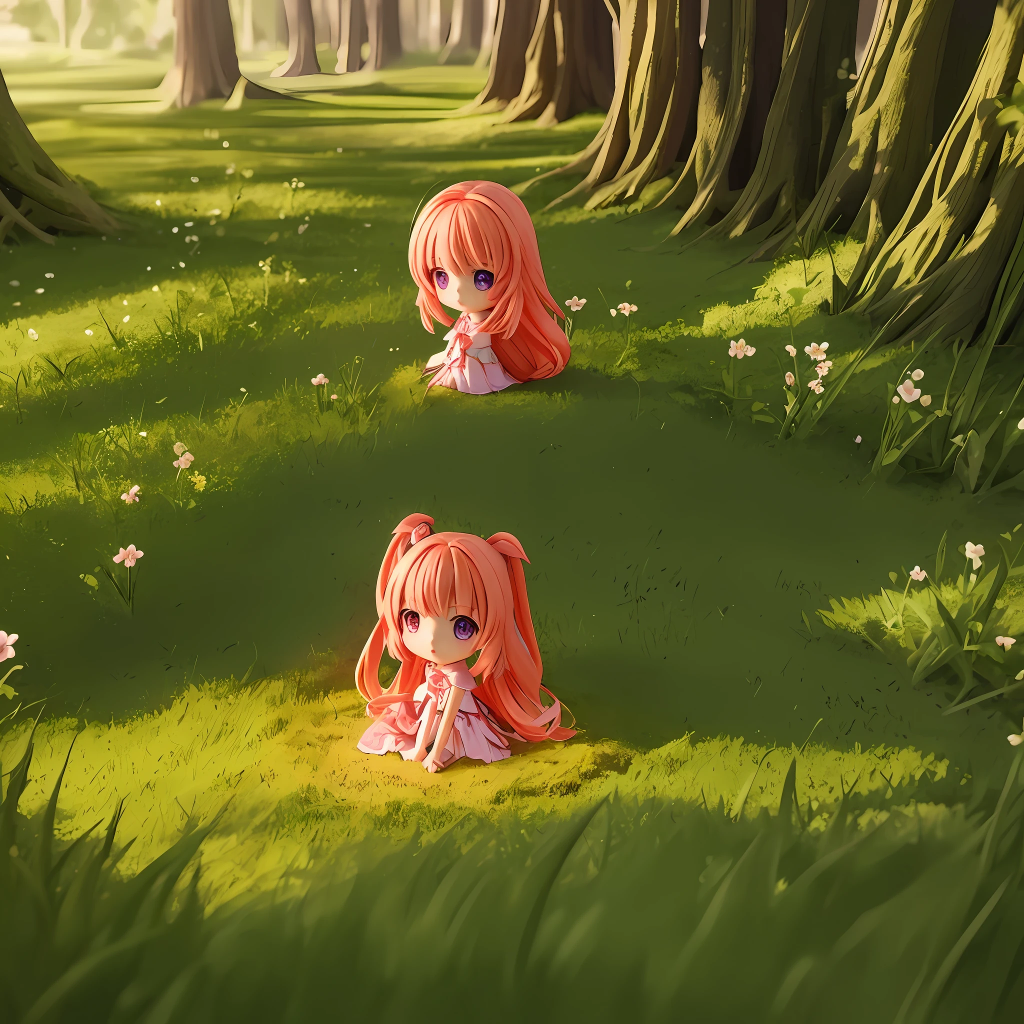 Masterpiece, best quality, (tiny takanashi kiara, chibi:1.2), hololive, purple eyes, long hair, orange hair, gradient hair, green hair, tiny human, miniature, minimized, :O, sitting, on ground, dirt path, in a medieval street, grass, trees, flowers, sunlight, detailed background, atmospheric lighting, warm lighting