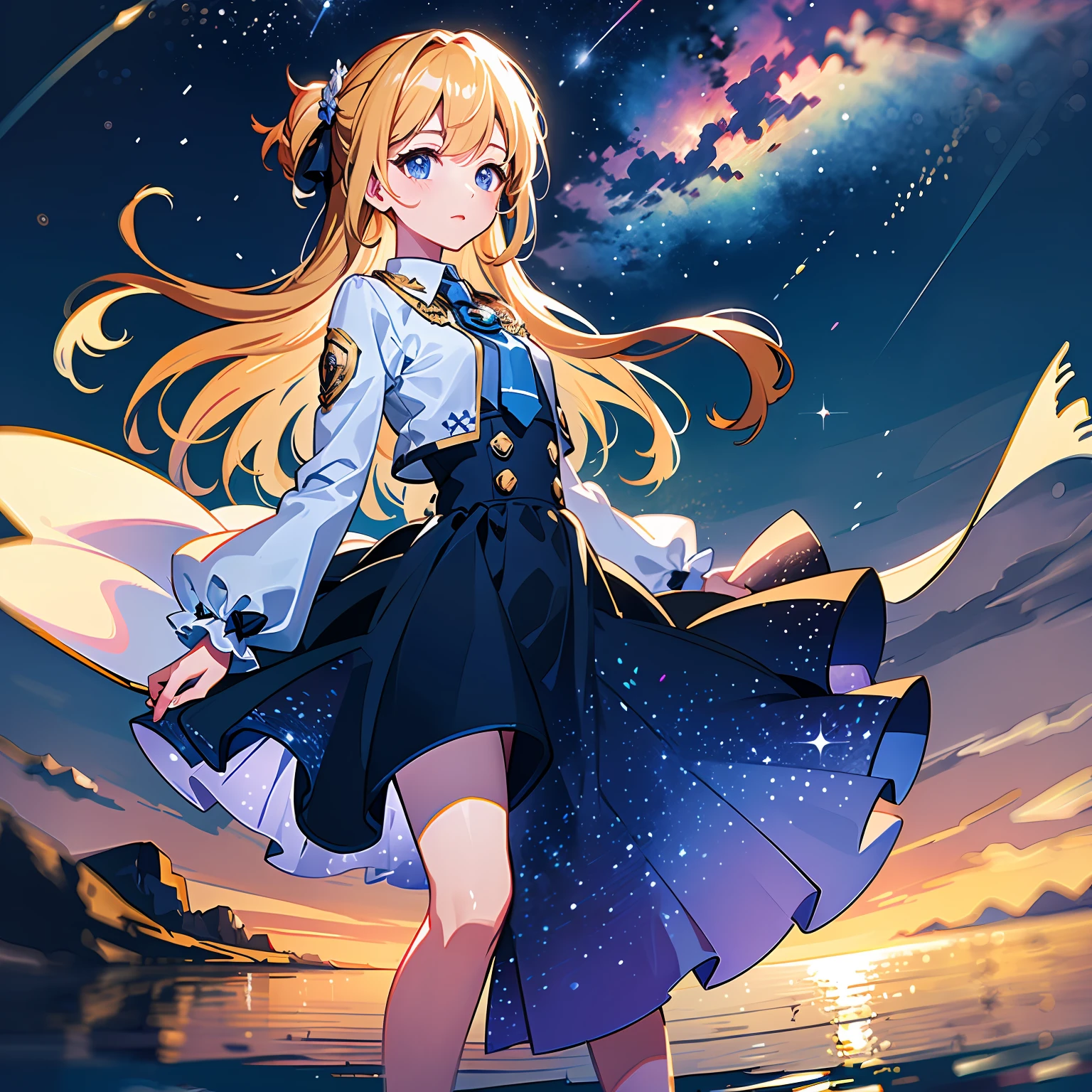 The stars twinkle in the gorgeous and dreamy night sky,A white six-pointed star fell from it。The calm sea reflects the gorgeous night sky,A young girl in a crisp white dress stretched out her right hand,Catch the falling white hexagram --auto