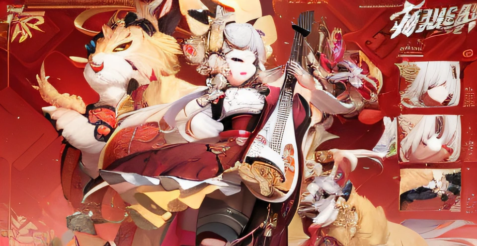 Anime wallpaper of a woman in a red dress holding a guitar, onmyoji, white-haired god, Onmyoji detailed art, Ayaka Genshin impact, Keqing from Genshin Impact, onmyoji portrait, zhongli from genshin impact, Anime goddess, ayaka game genshin impact, Genshin, world of lute, From Arknights