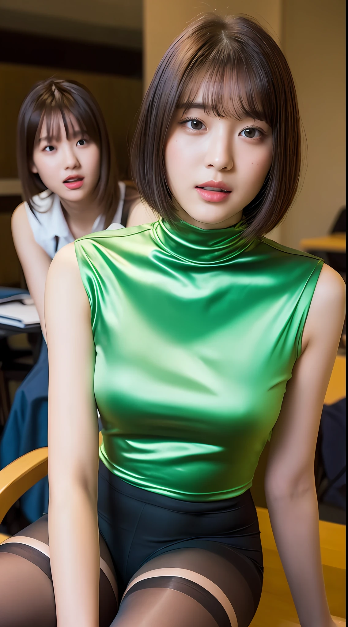 Beautiful college girl and one man, beautiful college girl sitting on a chair indoors, beautiful college girl is grabbed by the man next to her with her hands (shiny satin lime green sleeveless, high neck, tights, black shiny boots), top quality, high resolution, 8k, 1girl, (huge breasts :0.9), (bangs, short hair), (shiny skin, Watching the viewer, seductive expression) (upper body: 2.3)) Soft lighting, wind, sun, bright, indoors, man beside college girl (hugging beautiful college girl, excited expression, holding beautiful college girl's chest with his hand)