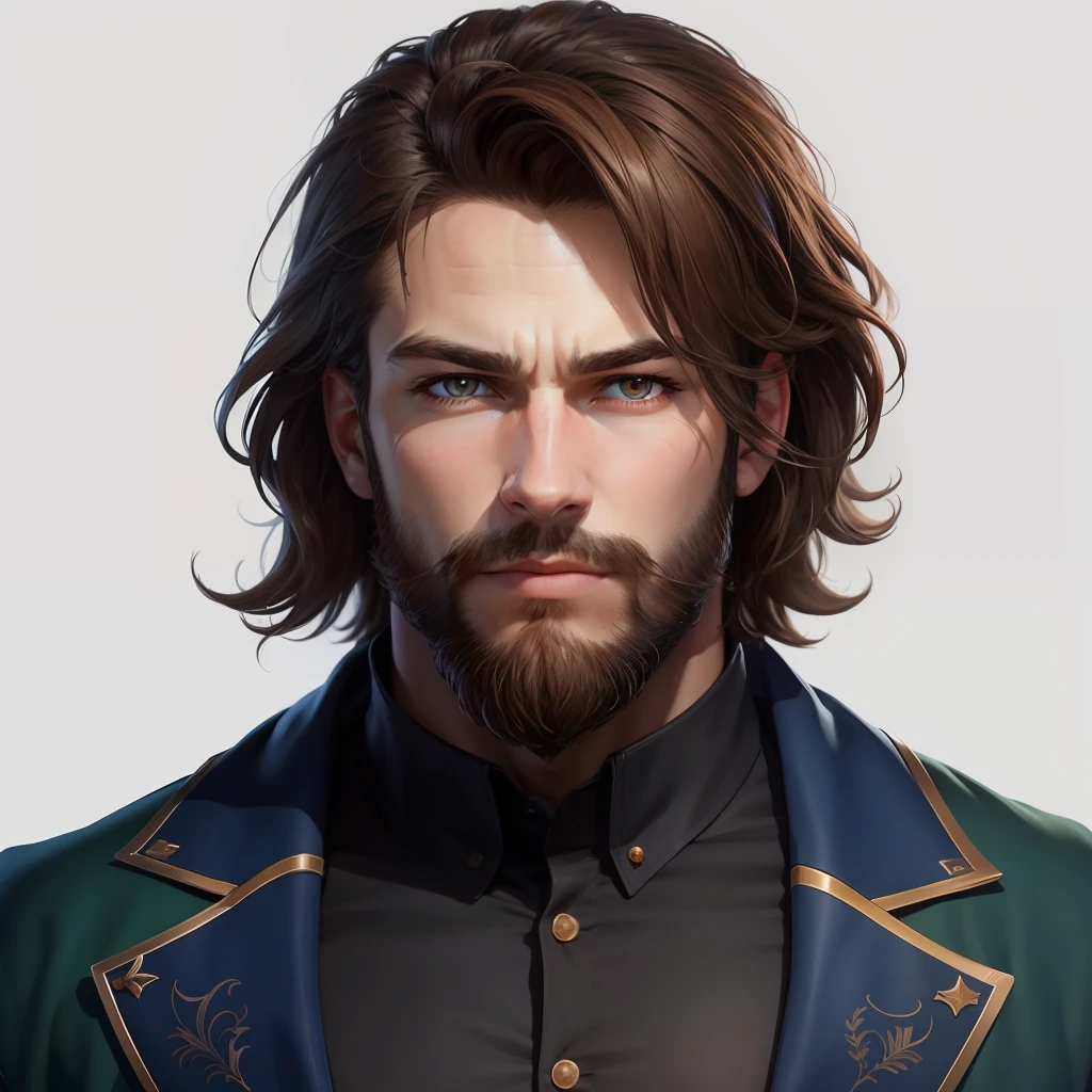 masterpiece,best quality,official art,extremely detailed CG unity 8k wallpaper,huge_filesize,(simple_background:1.1),looking to the side,portrait,beard,handsome man,fantasy male,