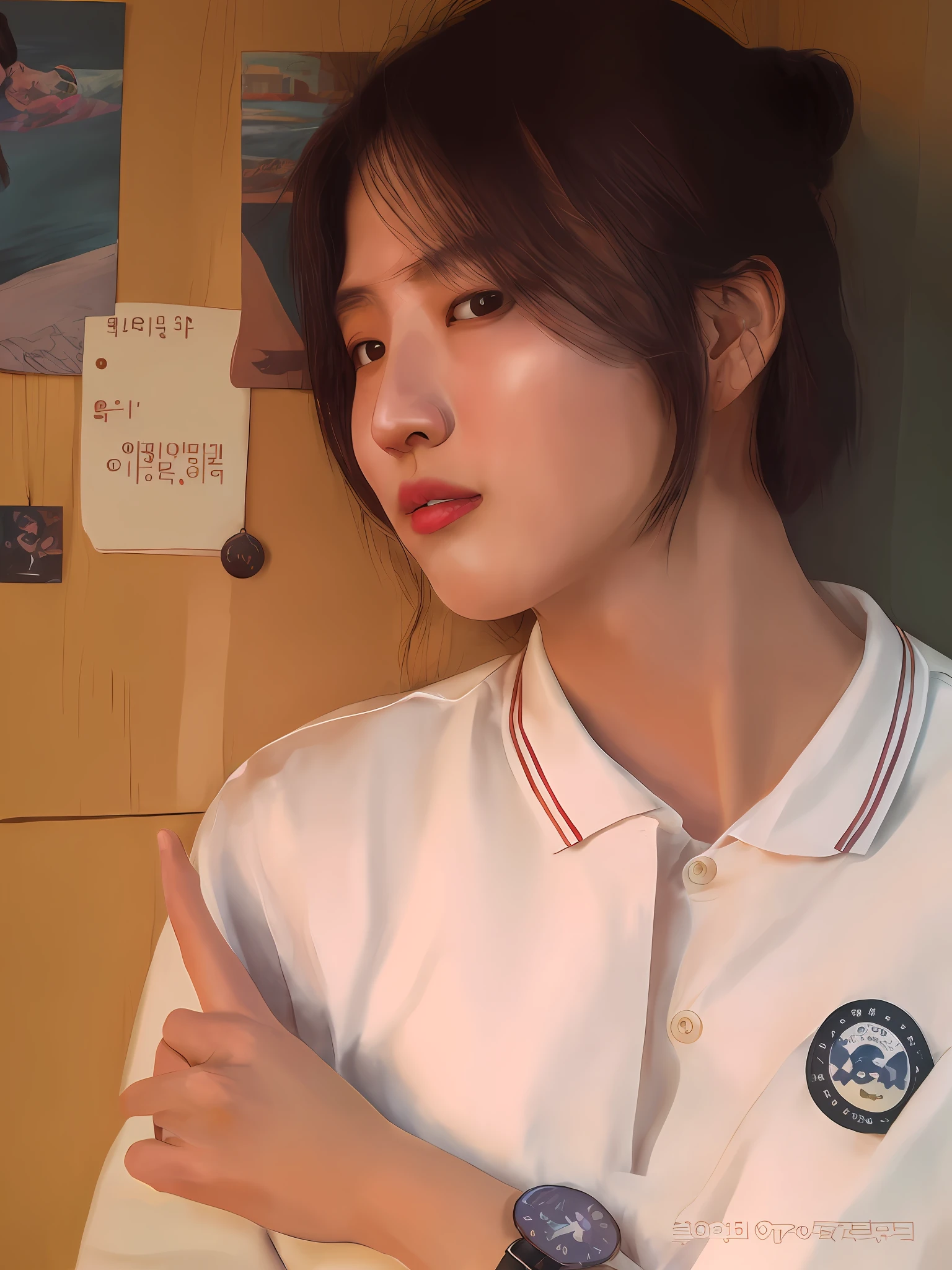 The Araved woman in a white shirt pointed to something, jaeyeon nam, lofi portrait, portrait of female korean idol, inspired by Sim Sa-jeong, inspirado por Kim Jeong-hui, 🤤 girl portrait, sun yunjoo, lofi-girl, with short hair, realistic art style, Surrealism female students, Choi Hyun-hwa, realism art style