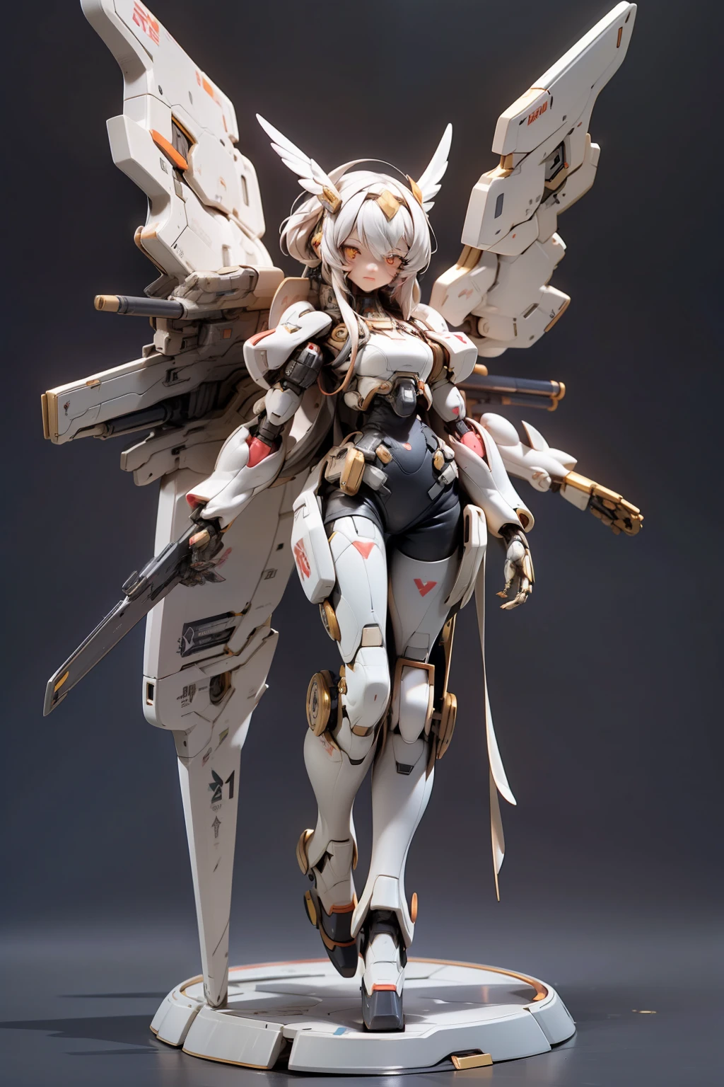 ((Best quality)), ((masterpiece)), (highly detailed:1.3), 3D, beautiful, (cyberpunk:1.2), in space, nebula, holding_weapon, (1Female mecha:1.3), facing the viewer, glowing eyes, full body, (mecha wings: 1.6), blind box figurine style, base plate
