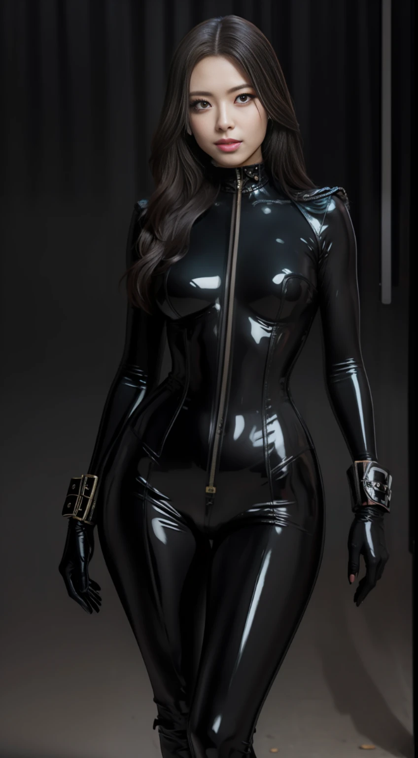 solo, super fine photo, full body photo picture Unreal Engine 5 8K UHD, black color scheme tight and thick latex catsuit, slim body, rubber catsuit, shiny latex catsuit, latex long glove, latex high heels boots, corset, harness, arm and leg cuffs, latex collar, beautiful make up, best quality, masterpiece, unified 8k wallpaper, super detailed, sharp focus, sexy pose,