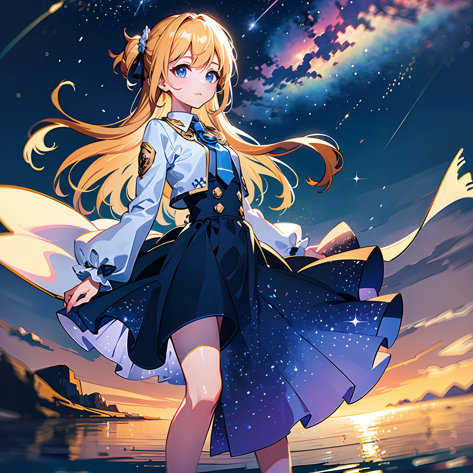 The stars twinkle in the gorgeous and dreamy night sky,A white six-pointed star fell from it。The calm sea reflects the gorgeous night sky,A young girl in a crisp white dress stretched out her right hand,Catch the falling white hexagram --auto