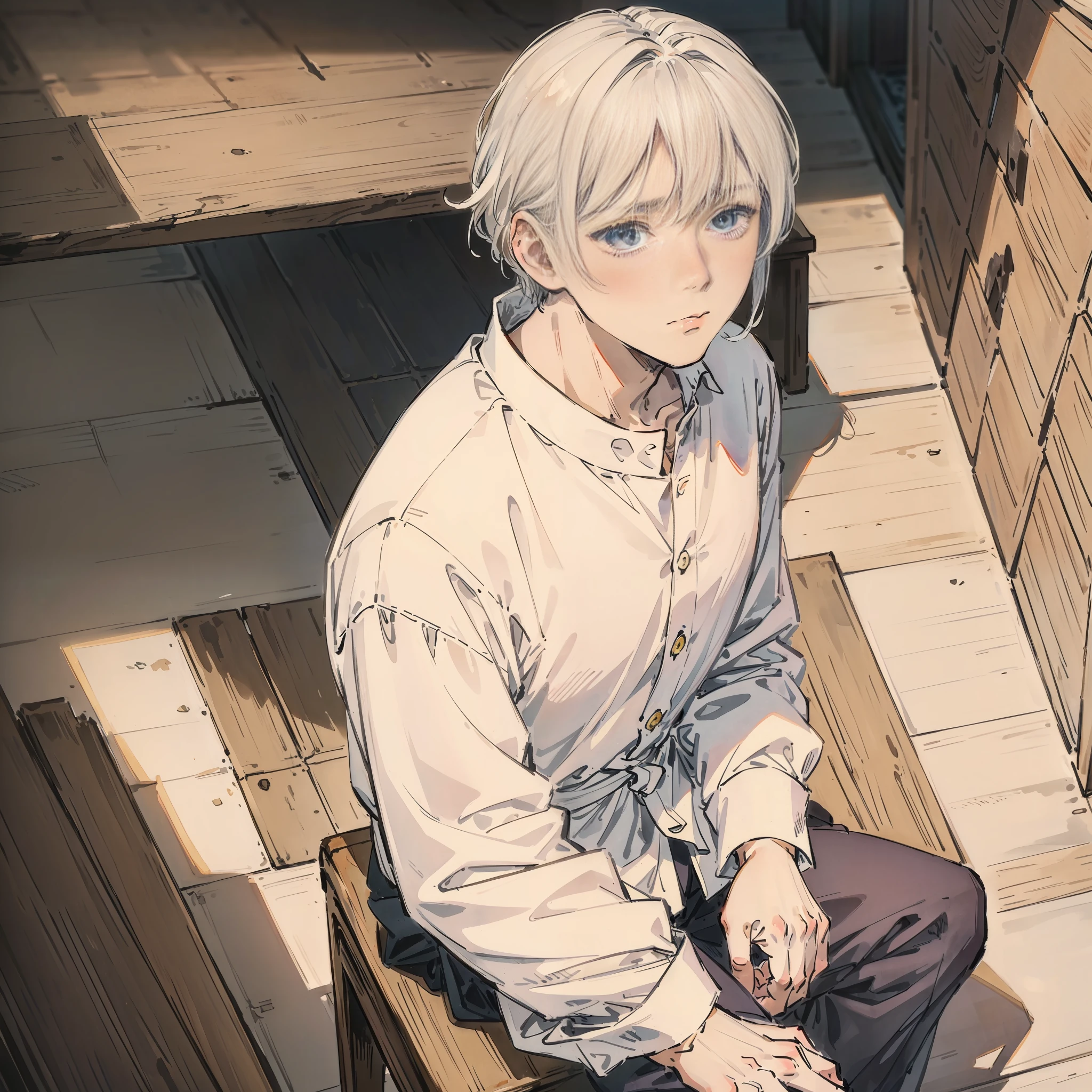 A man with white hair，schoolboy，in the basement，Sit alone on a stool，Facing the camera，Wear a white shirt，Hands tied behind the back，gentleness，Gentle face，Exquisite facial features，Perfect light and shadow，tmasterpiece，hightquality，The expression is terrified