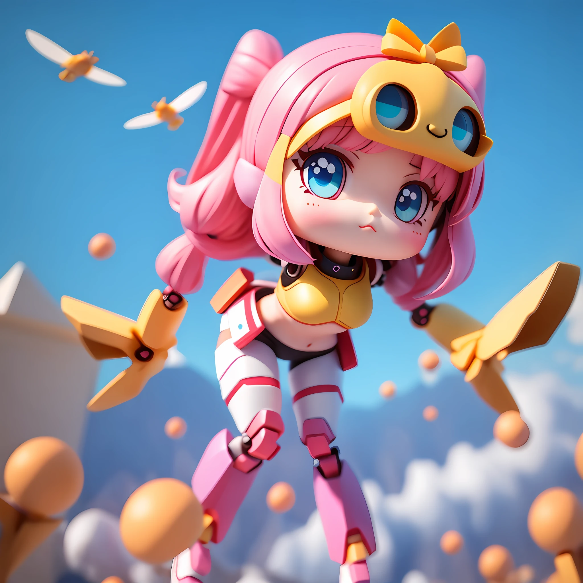 Super cute girl full body 3D drawing,adolable,Pop Mart blind box,Hand size, Masterpiece, 1girl, dramatic lights, Pink female mech, Honey Mecha, full bodyesbian, (Fly in the sky:1.6), From above, Faraway view, super wide shot, Depth of perspective, depth of fields, Deep charge projector,