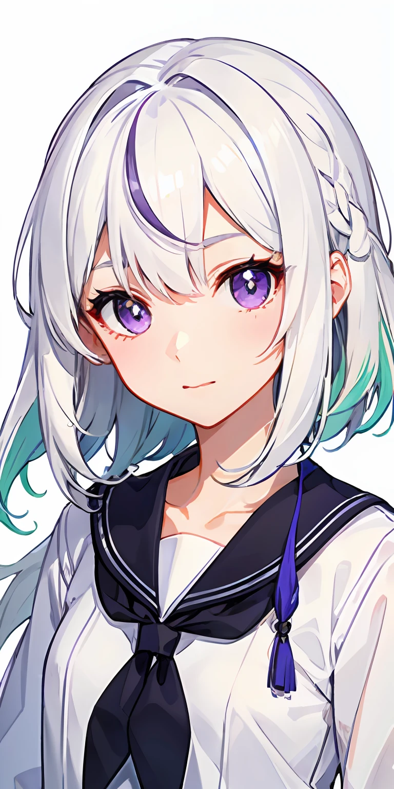 1girl in、White hair、O cabelo multicolorido、a purple eye、a sailor suit、cute little、white backgrounid