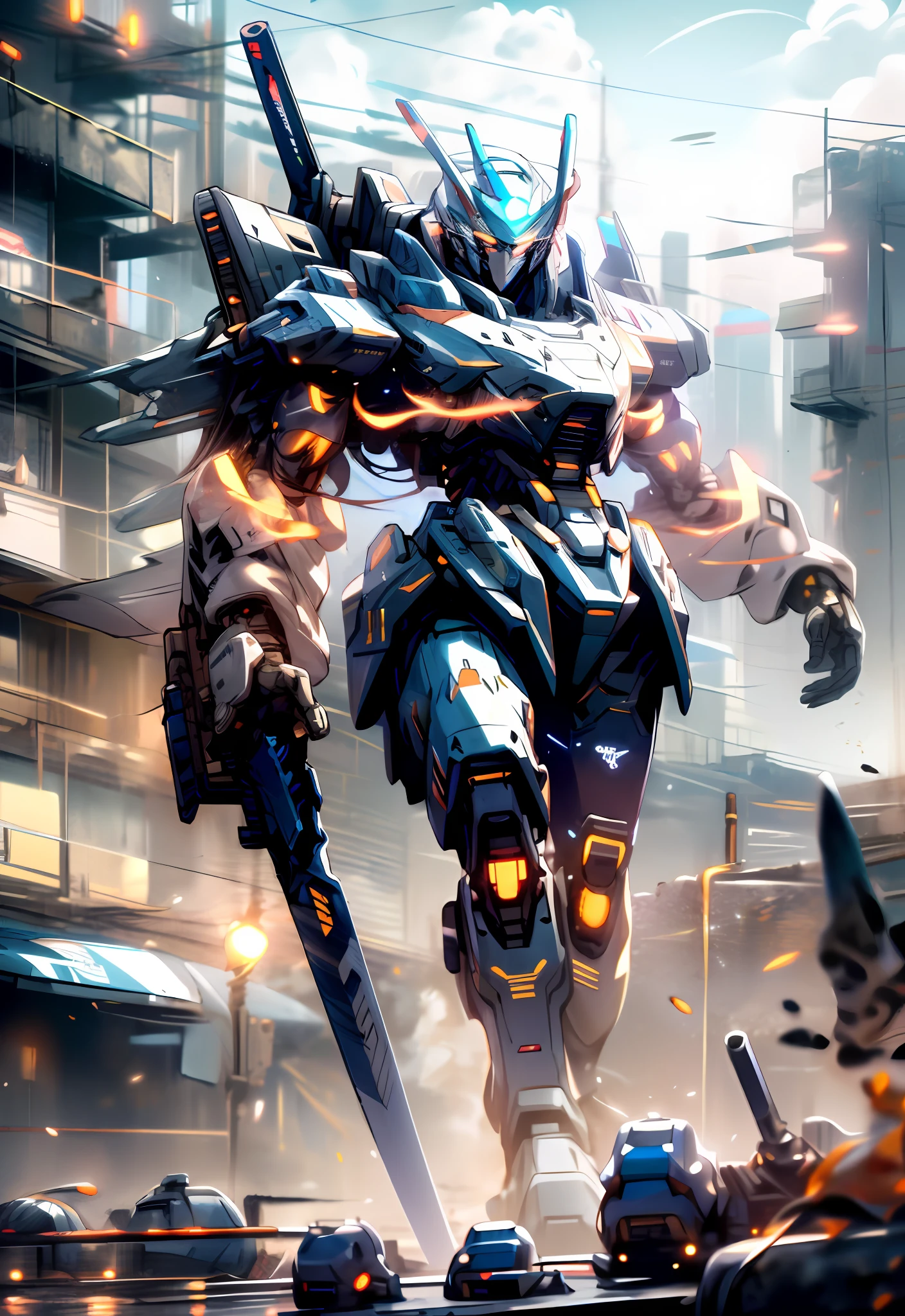 sky, cloud, holding_weapon, no_humans, glowing, , robot, building, glowing_eyes, mecha, science_fiction, city, realistic,mecha