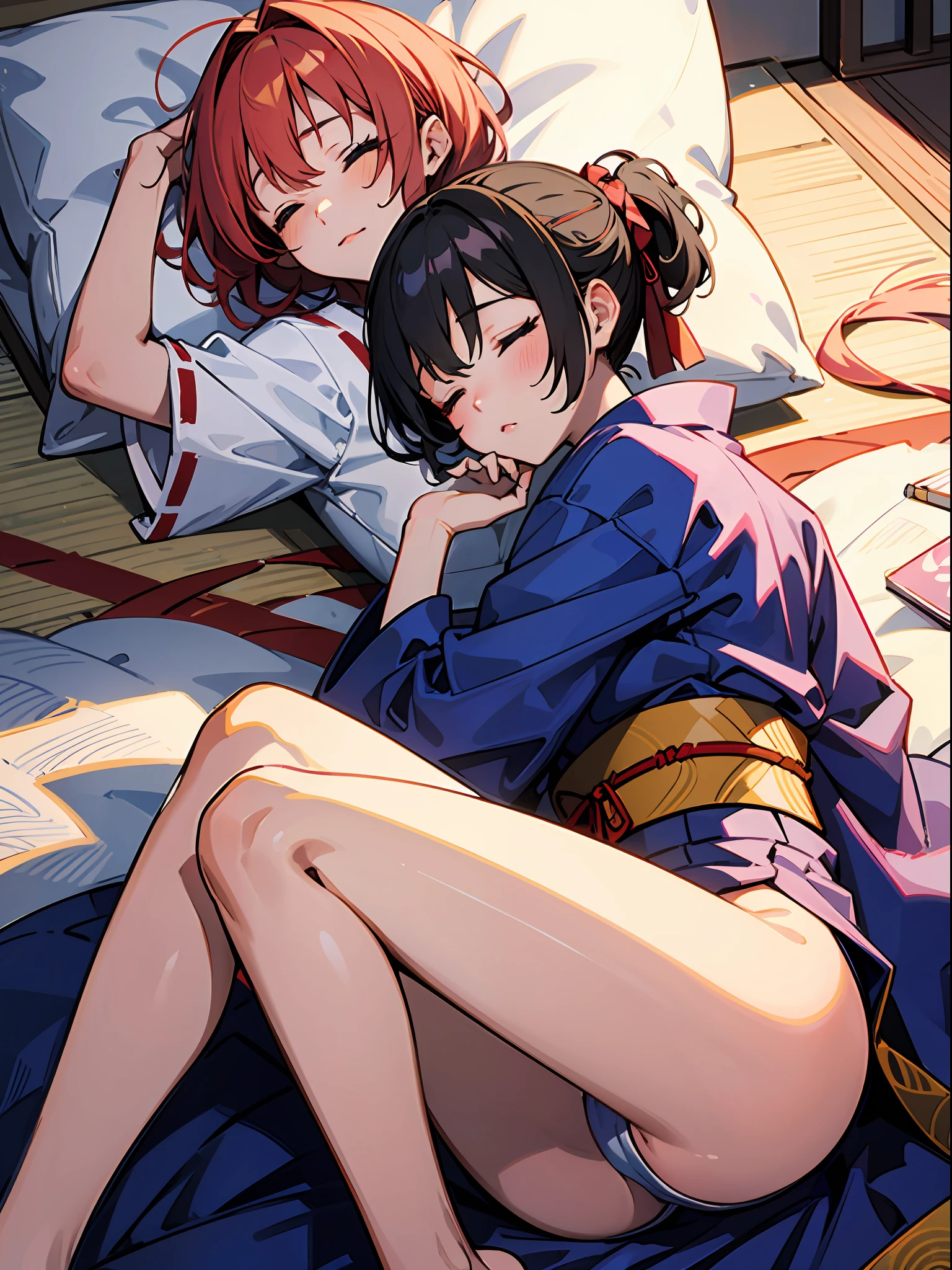 masutepiece, ultra-quality, Super Detail, Perfect drawing, beautiful girl in loincloth, Japan outfit,  ((Sleep with your eyes closed)), Prone、Big ass,  Beautiful Girl, Samurai, in yukata, Black ponytail, Hair tied up with a large red ribbon,blush (0.2),   The wind is beautiful,Elegance, Beautiful background, Accurate drawing, detailed drawin