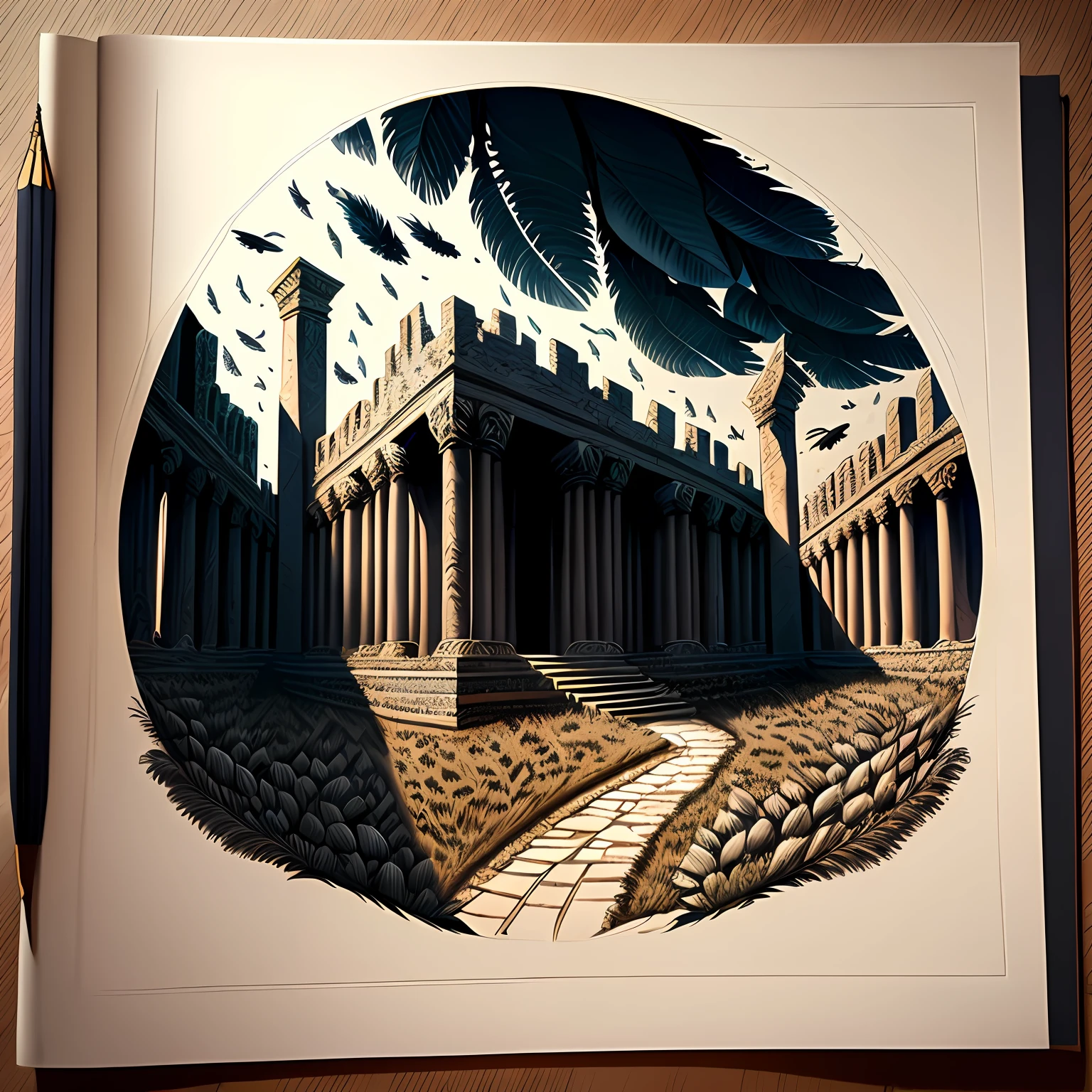 "An ultra-detailed masterpiece dark ruins with intricate details emphasized on the large black feathers. The realism of the image is highlighted by delicate lighting a best-quality and ultra-detailed illustration." --auto
