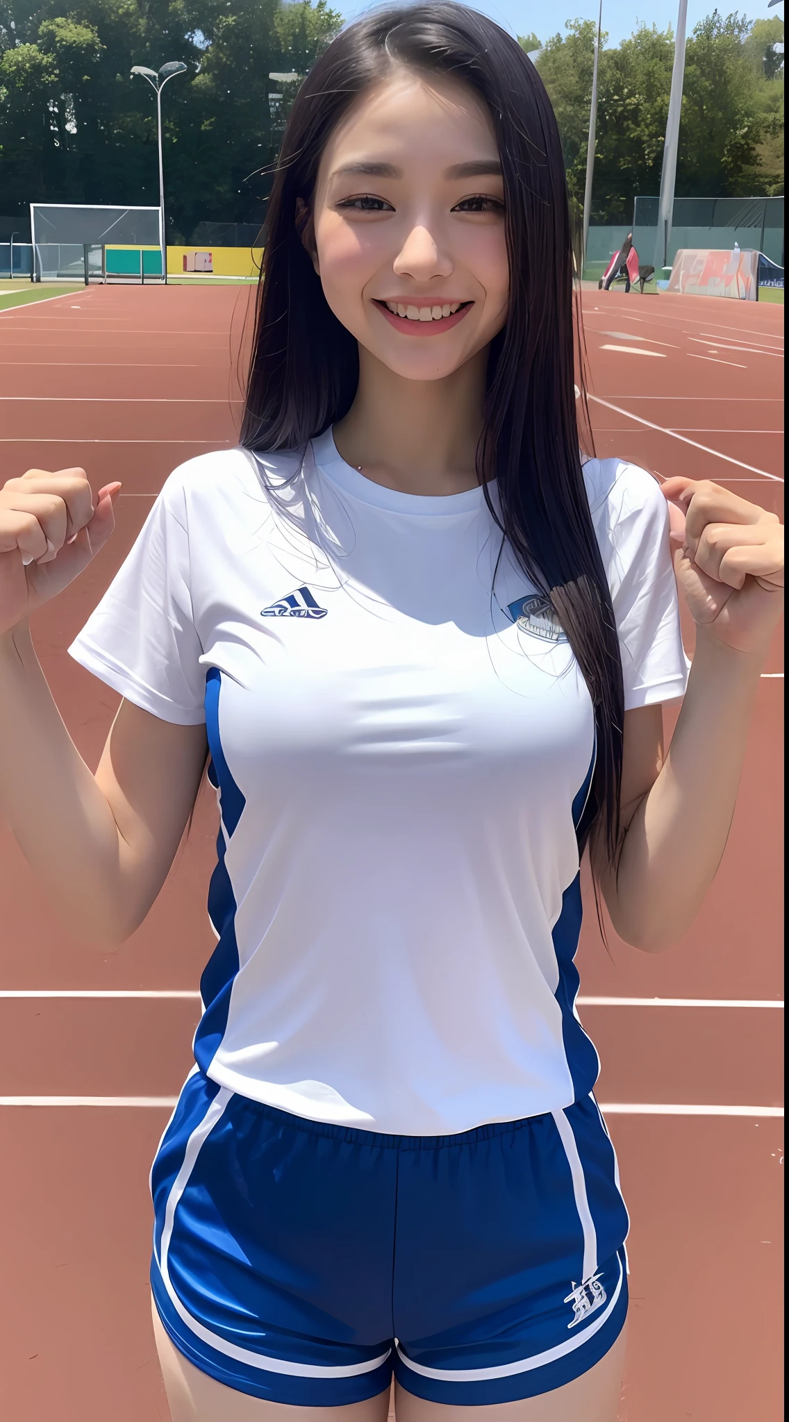 One woman and one short boy, a woman in a shiny truck costume is grabbed by the boy next to her breasts with both hands (beautiful college girl in truck costume, best quality, high definition, 8k, 1 girl, outside the athletics stadium,1 girl, shiny track costume (satin track costume: 1.4, blue: 1.5) (black hair, big: 1.4), (upper body: 1.2), looking at the viewer , smile), outside, boy grabbing the breasts of a woman in truck costume with both hands (T-shirt, shorts, grabbing a woman's breasts with both hands)