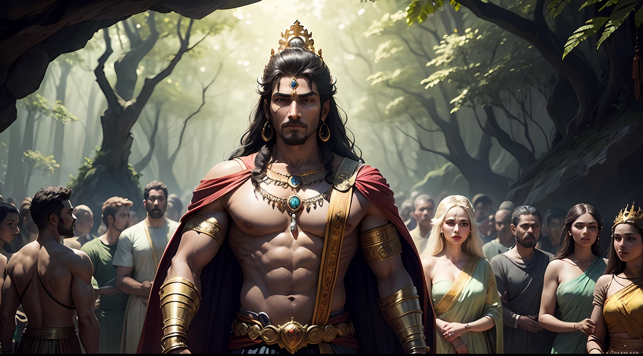 Shiva the indian god , 8k ultra realistic ,a king in the cave with his army , king in the forest with many army and fairy the are many fary in a cave with king , and king army , there are may fairy , there are many beautiful womans with king , there are crowd of beautiful womens