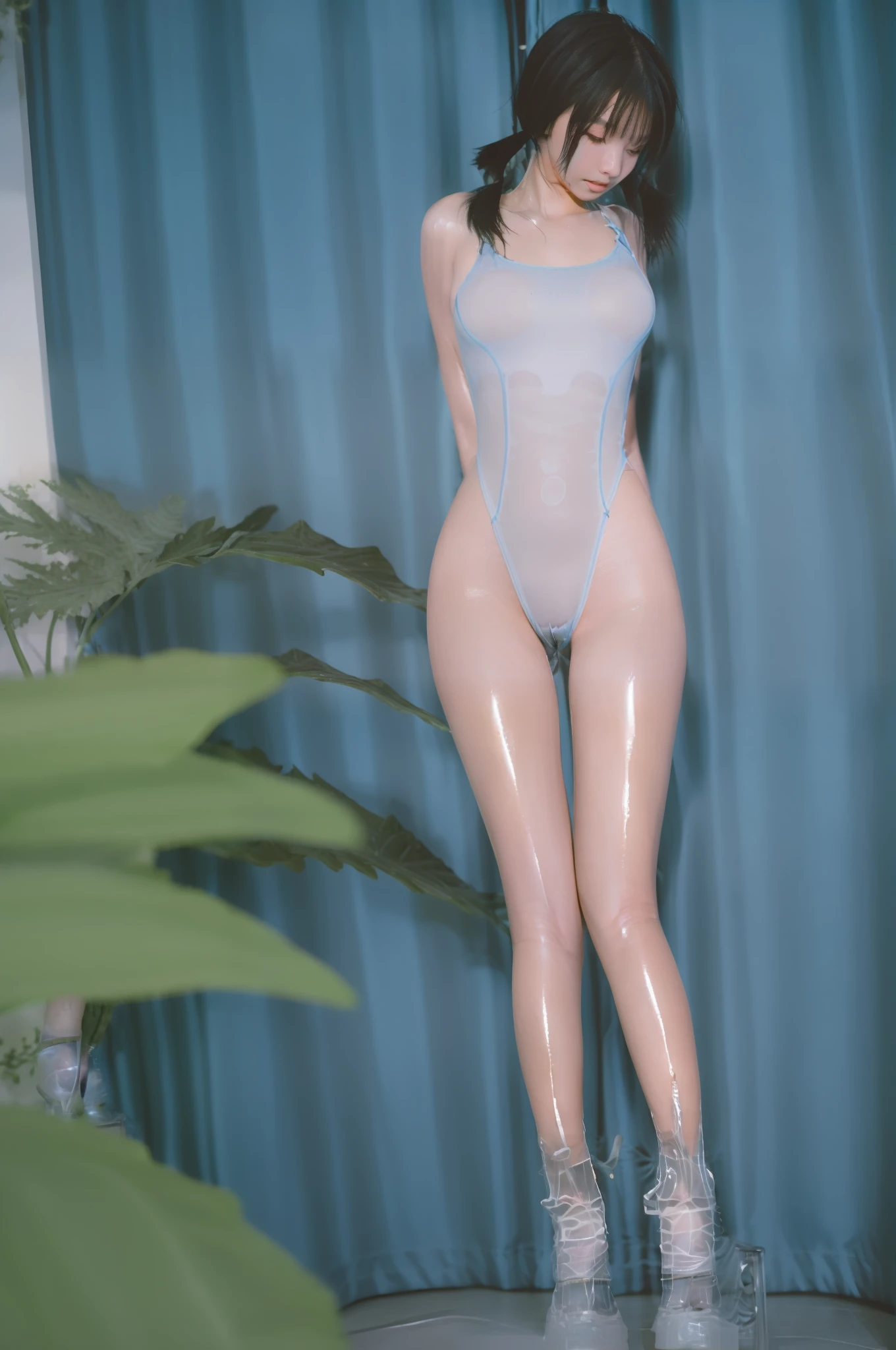 1girll,独奏,brunette color hair,double tails,shorter pants,sitted,swimming uniform,one piece swimsuit,A plant,Large of breast,looking at viewert,Low Twin Tails,shorter pants,obi strip,long whitr hair,High legs,White Ballsuit,cleanness,potted,inside in room,(Transparent shoes:1.2),Watch the spectators beach