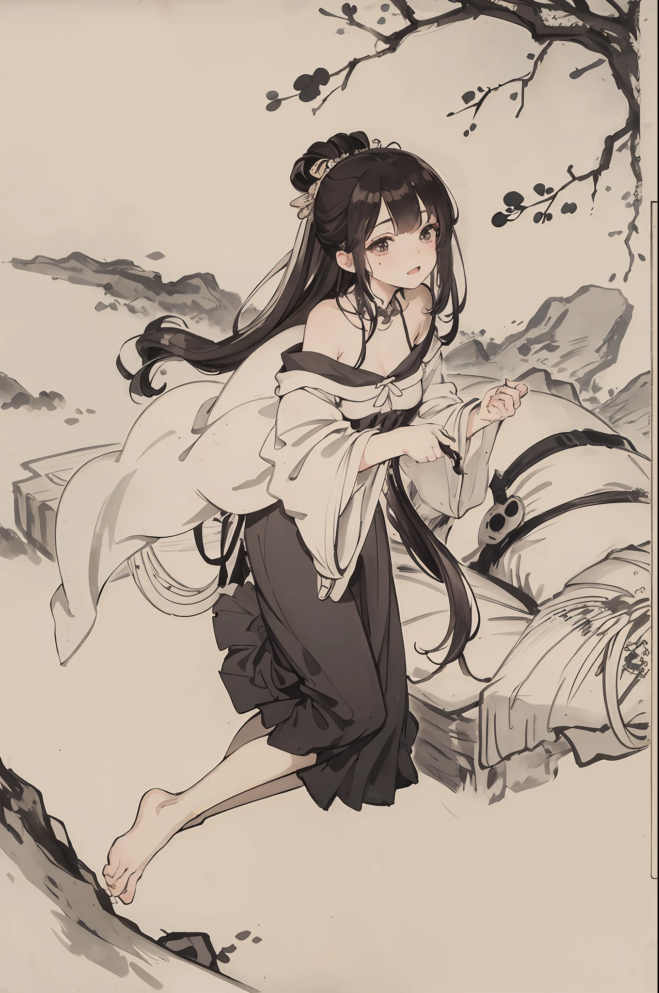 (masterpiece, best quality: 1.2), traditional Chinese ink painting, A cute 18 year old female with medium  breasts, Oversized dress :1.2, Couch, Ultra-detailed face, Detailed eyes, Double eyelid, sfw , long dress
