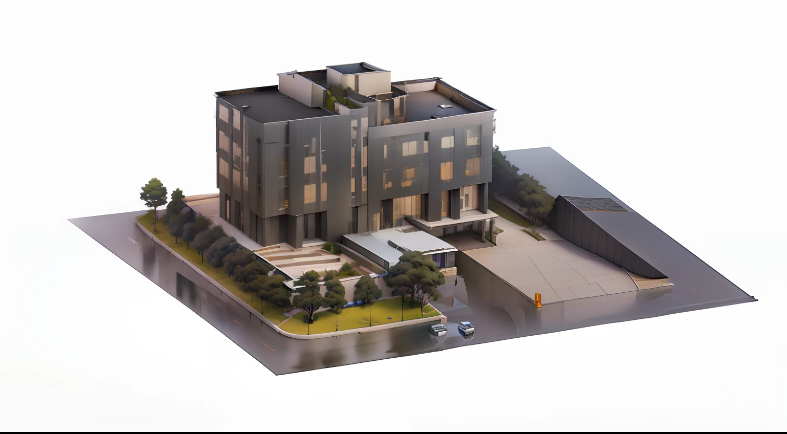 Complete translucent model of the building,isometric perspective view,multistory building,Park a car in front,High-definition stereoscopic rendering,Office building, Precise building detail, Realistic isometric view, 3D rendering of high-quality buildings, digital model, architecture render。