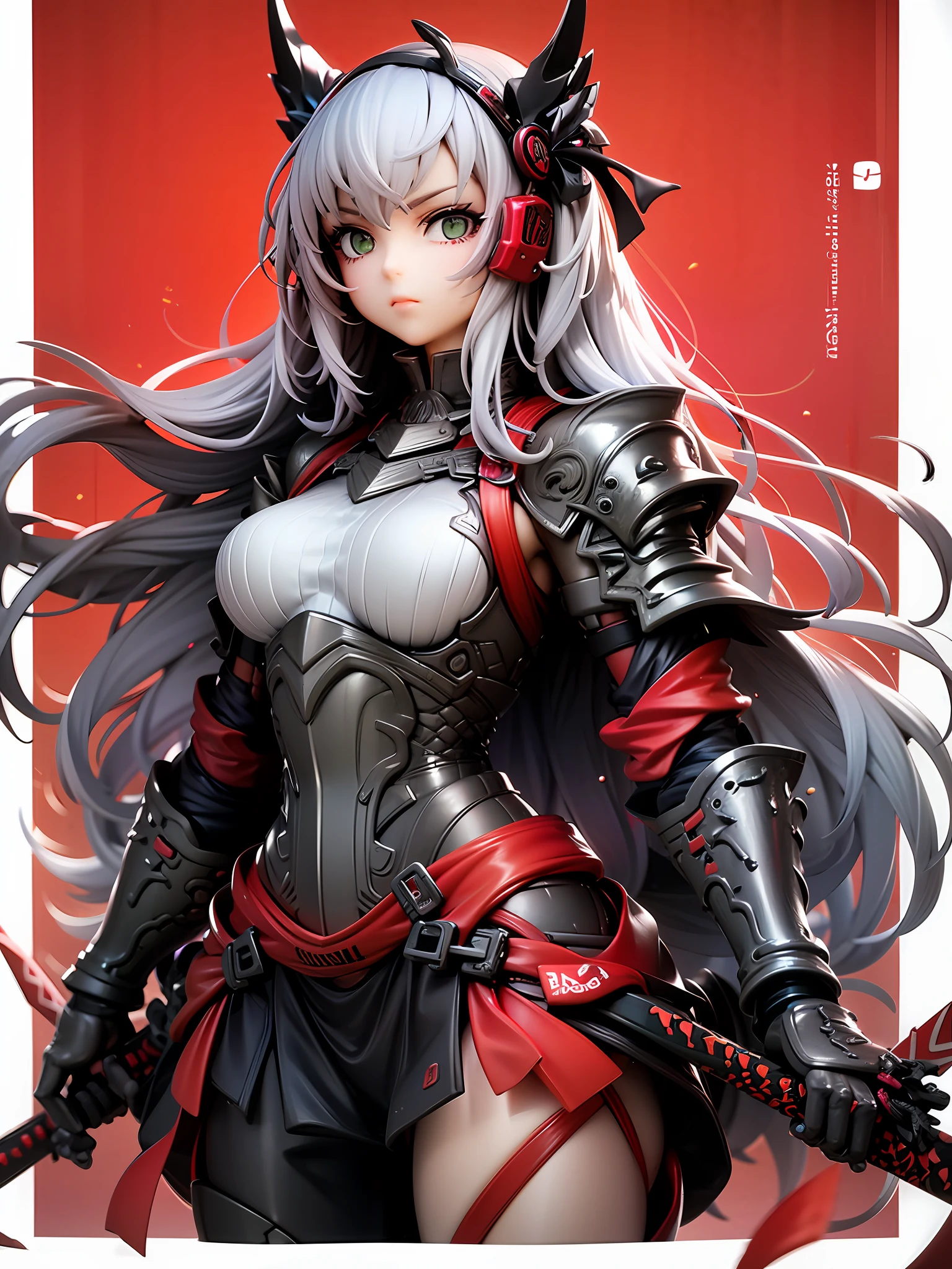 Warrior girl theme, metallic silver and deep red, black long hair tied up in part, green eyes, determined face, wearing detailed warrior armor with red fabric portions, standing in battle-ready pose, battlefield background.