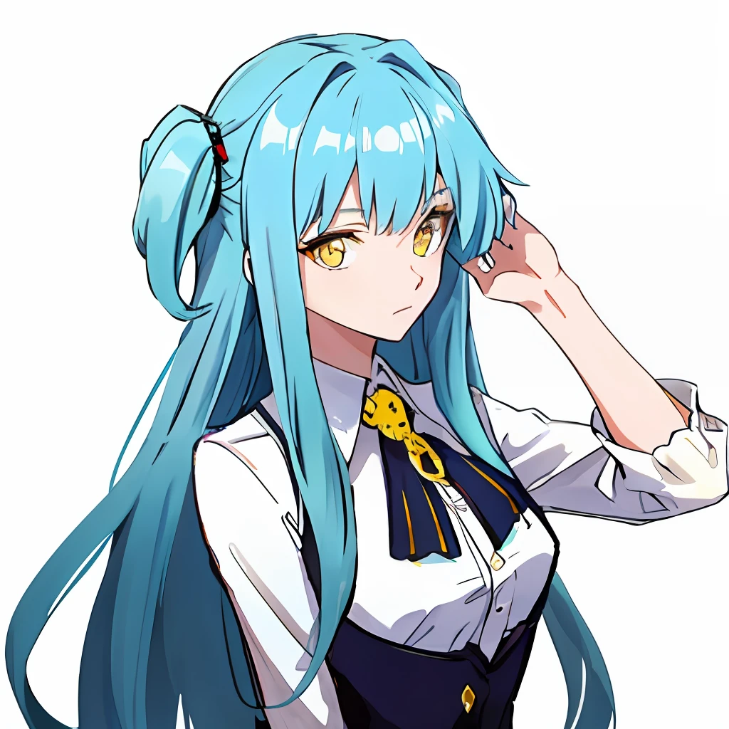 Blue hair, yellow eyes, long hair, girly two-dimensional